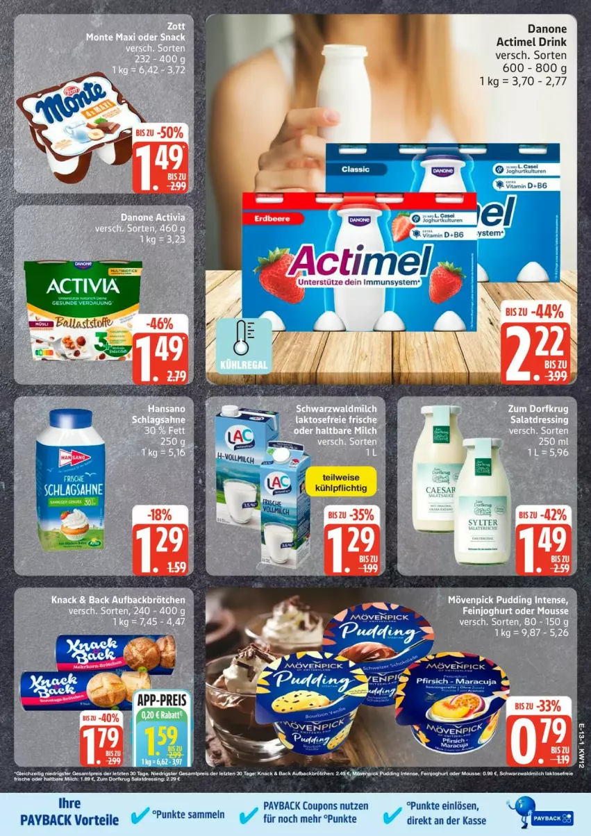 Aktueller Prospekt Edeka - Prospekte - von 16.03 bis 21.03.2026 - strona 17 - produkty: actimel, actimel drink, coupon, coupons, danone, danone actimel drink, dressing, drink, eis, feinjoghurt, fisch, fische, haltbare milch, joghur, joghurt, milch, mousse, payback, pudding, reis, salat, salatdressing, Ti, ZTE, Zum Dorfkrug