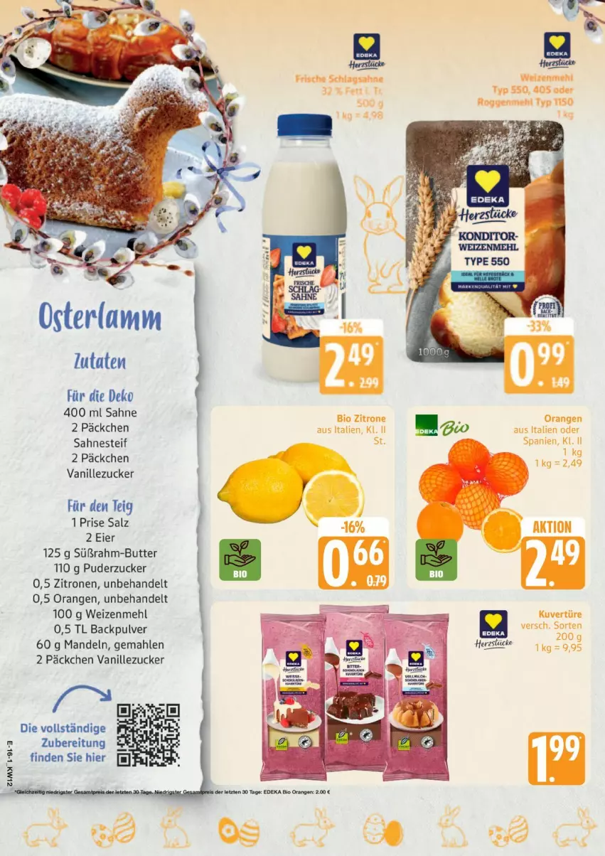 Aktueller Prospekt Edeka - Prospekte - von 16.03 bis 21.03.2026 - strona 20 - produkty: bio, butter, eier, lamm, mandel, mandeln, mehl, orange, orangen, sahne, sahnesteif, salz, vanille, weizenmehl, zitrone, zitronen, zucker