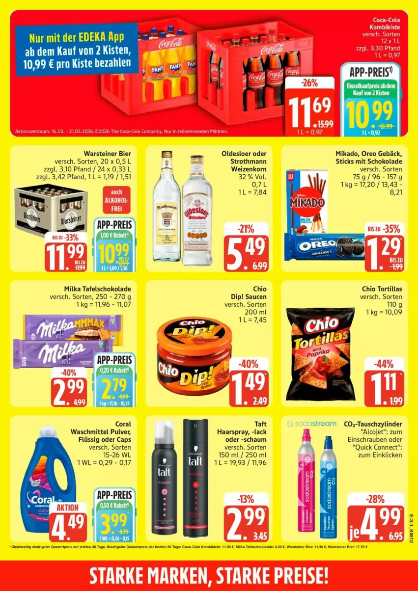 Aktueller Prospekt Edeka - Prospekte - von 16.03 bis 21.03.2026 - strona 3 - produkty: bier, Cap, Coral, dip, eis, haarspray, korn, lack, mikado, milka, oldesloer, oreo, reis, sauce, saucen, schoko, schokolade, schrauben, steiner, tafelschokolade, Taft, Ti, tortilla, tortillas, warsteiner, waschmittel, weizenkorn, ZTE