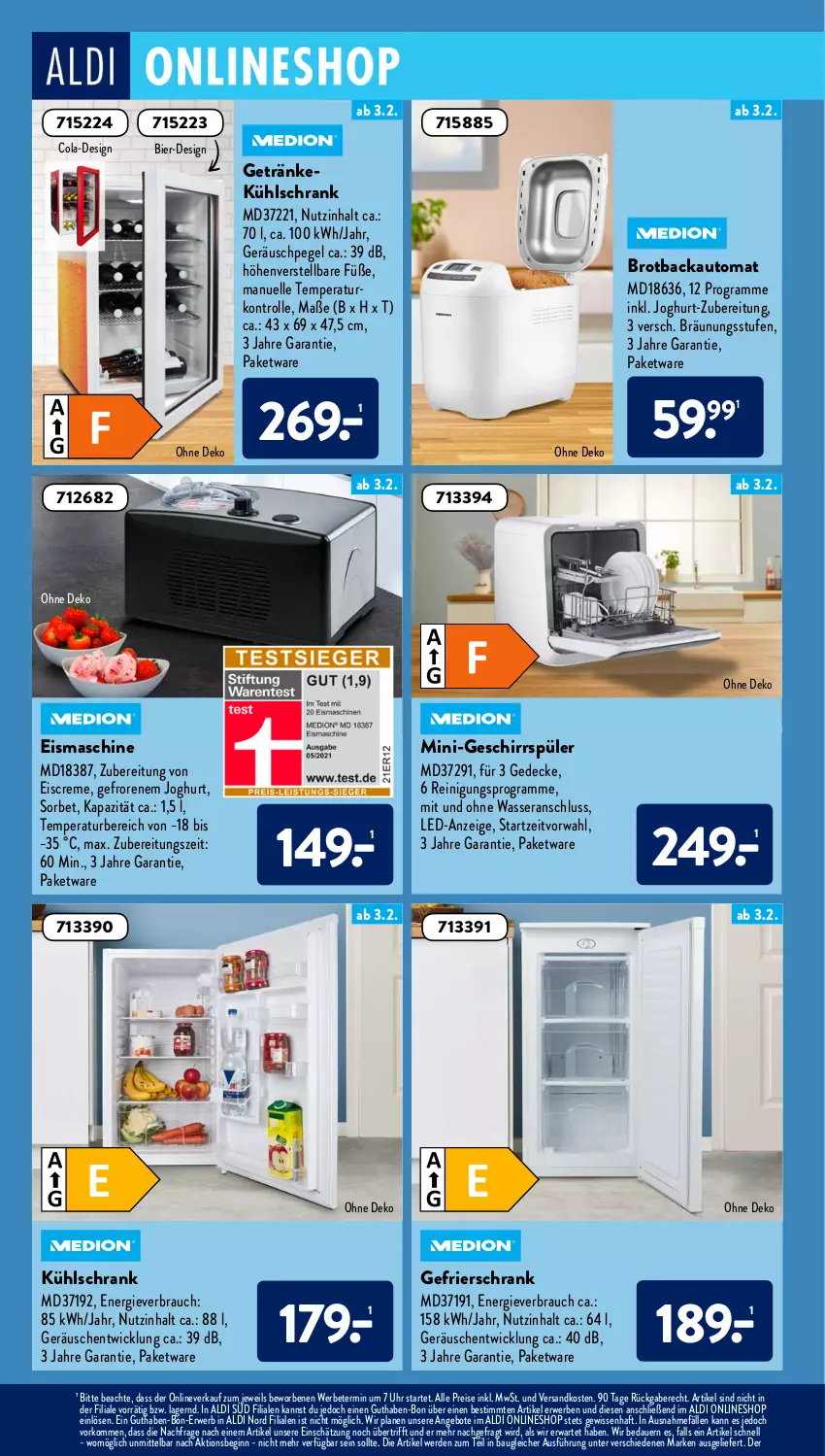 Aktueller Prospekt AldiSud - ALDI Aktuell - von 31.01 bis 05.02.2022 - strona 20 - produkty: aldi, angebot, angebote, auer, auto, Bau, bier, brot, Brotbackautomat, cola, creme, decke, eis, eiscreme, eismaschine, elle, erde, gefrierschrank, geschirr, geschirrspüler, getränk, getränke, gin, HP, joghur, joghurt, kühlschrank, ndk, Rauch, Reinigung, reis, rwe, Schrank, Sorbet, Ti, uhr, wasser, WICK