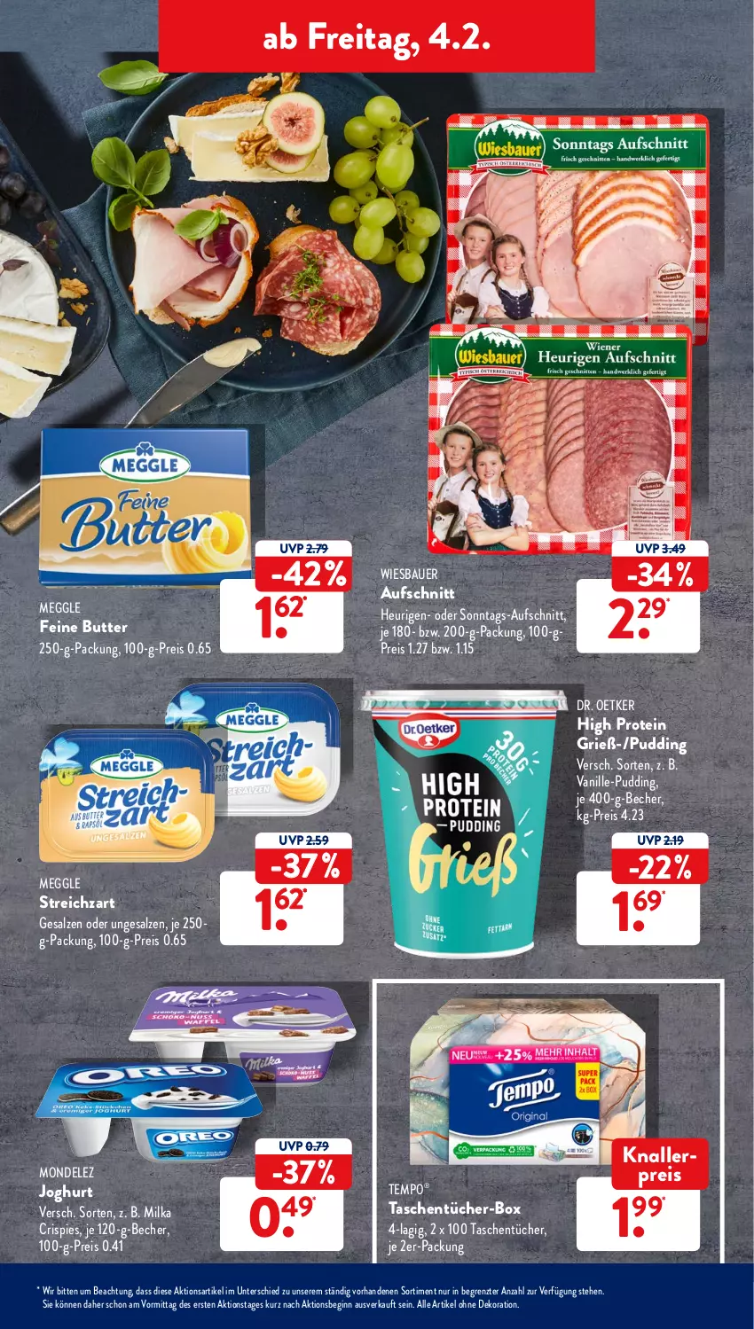 Aktueller Prospekt AldiSud - ALDI Aktuell - von 31.01 bis 05.02.2022 - strona 35 - produkty: alle artikel ohne dekoration, auer, aufschnitt, Bau, Bauer, Becher, butter, dekoration, Dr. Oetker, eis, gin, Heu, joghur, joghurt, knallerpreis, meggle, milka, mondelez, pudding, reis, salz, Streichzart, Tasche, taschen, taschentücher, Tempo, Ti, tücher, vanille, wiesbauer, ZTE