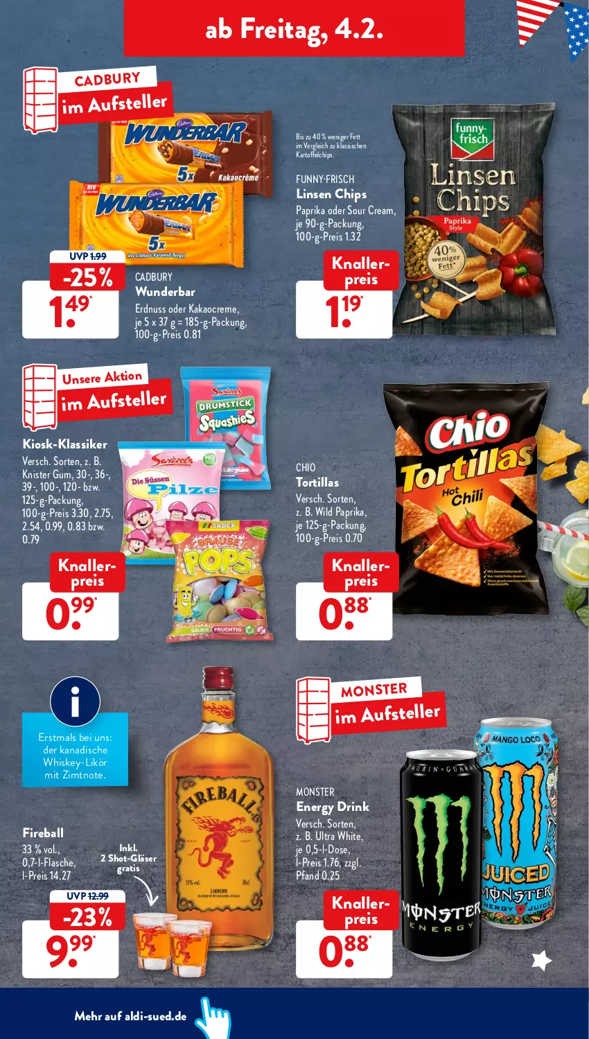 Aktueller Prospekt AldiSud - ALDI Aktuell - von 31.01 bis 05.02.2022 - strona 36 - produkty: aldi, ball, chips, creme, drink, eis, elle, energy drink, erdnuss, flasche, funny-frisch, Gläser, kakao, kartoffel, kartoffelchips, knallerpreis, likör, linsen, monster, Monster Energy, nuss, paprika, reis, sour cream, teller, Ti, tortilla, tortillas, whiskey, Wild, wild paprika