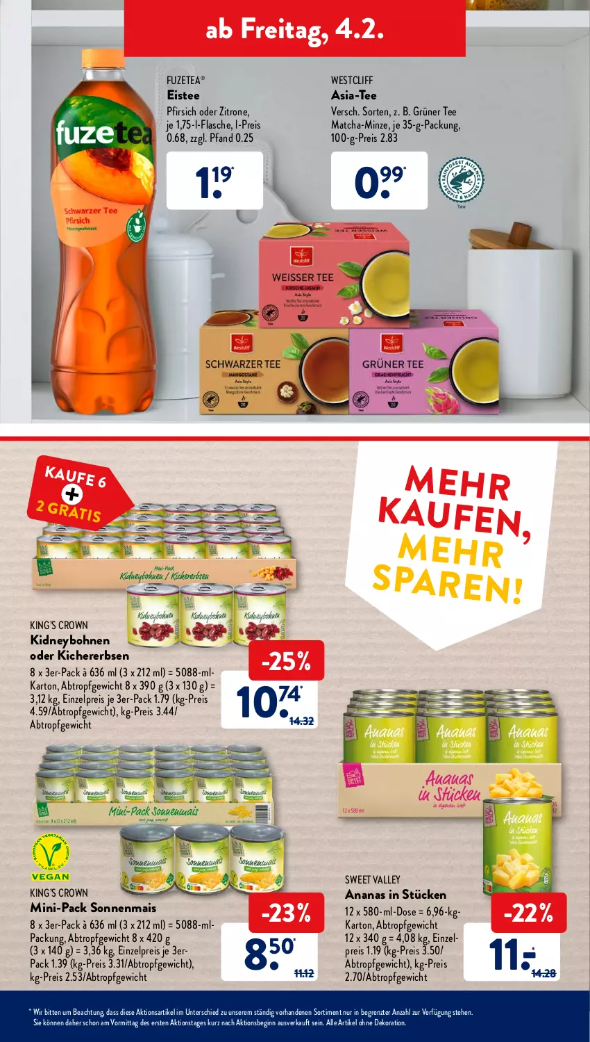 Aktueller Prospekt AldiSud - ALDI Aktuell - von 31.01 bis 05.02.2022 - strona 41 - produkty: alle artikel ohne dekoration, ananas, bohne, bohnen, dekoration, eis, eistee, erbsen, flasche, fuzetea, gin, grüner tee, kichererbsen, kidney, mais, minze, pfirsich, reis, tee, Ti, zitrone, ZTE