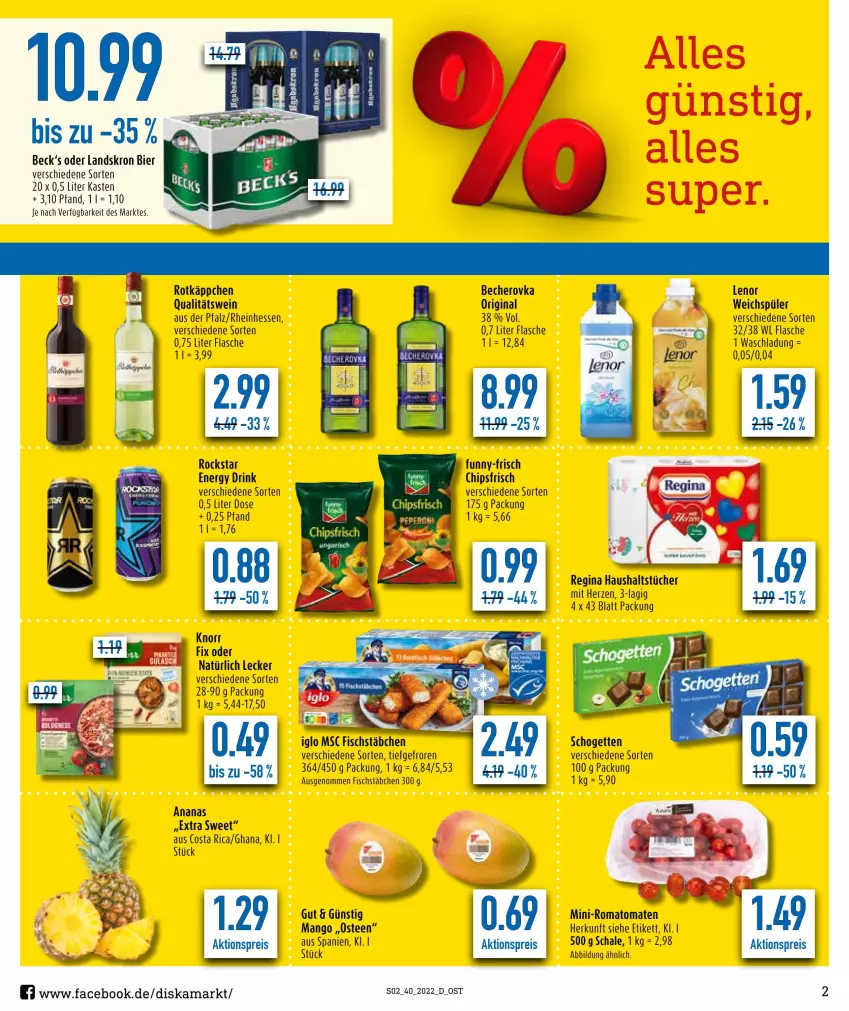 Aktueller Prospekt Diska - Prospekte - von 04.10 bis 08.10.2022 - strona 2 - produkty: aktionspreis, ananas, Becher, Becherovka, bier, chips, chipsfrisch, drink, eis, energy drink, fisch, fischstäbchen, flasche, funny-frisch, gin, haushaltstücher, hero, knorr, knorr fix, lenor, mango, qualitätswein, reis, Rockstar, Romatomaten, rotkäppchen, Schal, Schale, schogetten, tee, Ti, tomate, tomaten, tücher, weichspüler, wein