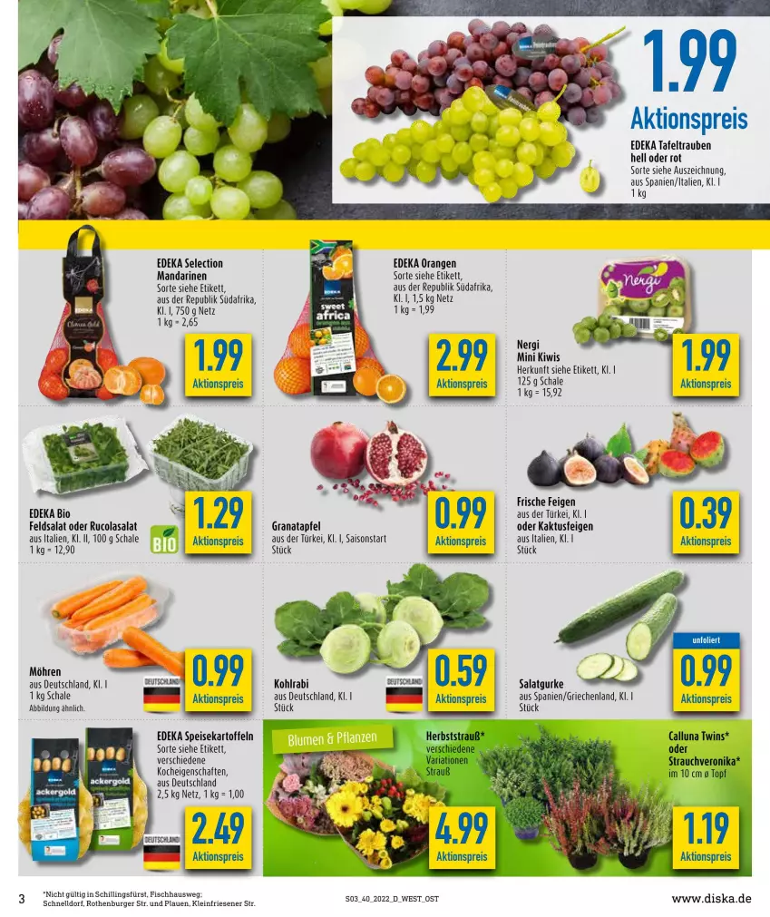 Aktueller Prospekt Diska - Prospekte - von 04.10 bis 08.10.2022 - strona 3 - produkty: aktionspreis, apfel, bio, burger, cola, deka, edeka bio, eis, Feigen, feldsalat, fisch, grana, granatapfel, gurke, kartoffel, kartoffeln, kiwi, kohlrabi, mandarine, mandarinen, möhren, orange, orangen, Rana, Rauch, reis, Ria, rucola, salat, Salatgurke, Schal, Schale, speisekartoffeln, tafeltrauben, tee, Ti, topf, trauben