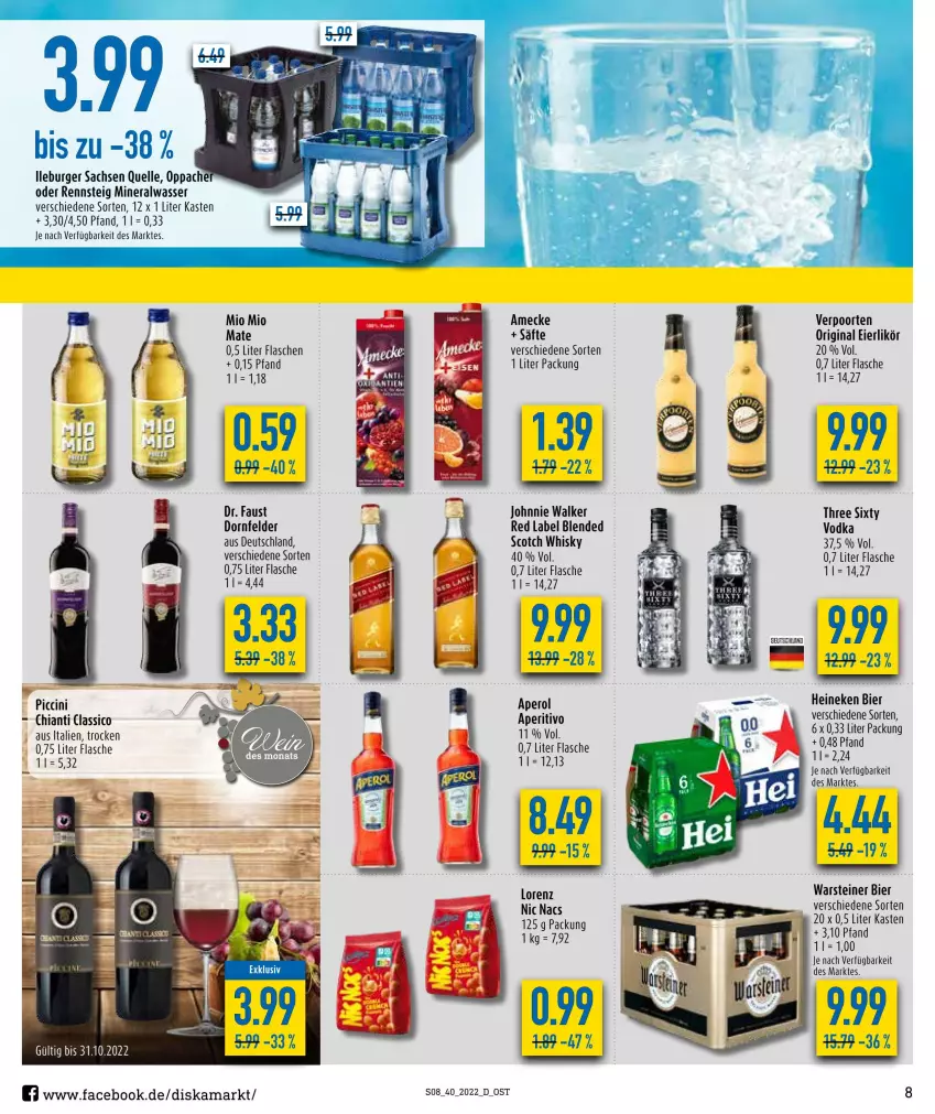 Aktueller Prospekt Diska - Prospekte - von 04.10 bis 08.10.2022 - strona 8 - produkty: Alwa, amecke, aperol, aust, bier, burger, chia, chianti, cin, classico, dornfelder, eier, eierlikör, elle, flasche, gin, heineken, johnnie walker, likör, lorenz, mineralwasser, Mio Mio, sac, säfte, scotch, scotch whisky, steiner, Three Sixty, Ti, verpoorten, vodka, warsteiner, wasser, whisky