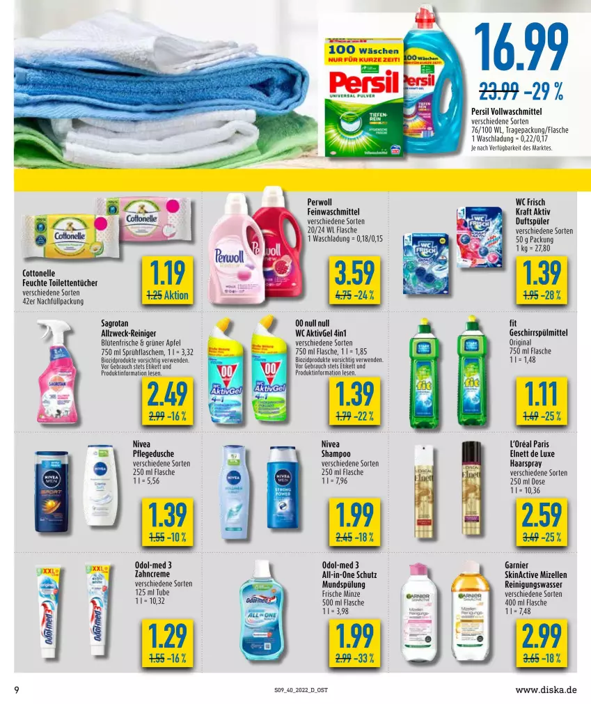 Aktueller Prospekt Diska - Prospekte - von 04.10 bis 08.10.2022 - strona 9 - produkty: apfel, bio, biozidprodukte, Blüte, cottonelle, creme, dusche, elle, elnett, feinwaschmittel, flasche, garnier, geschirr, geschirrspülmittel, gin, gsw, haarspray, kraft, l'oreal, minze, mizellen, mundspülung, nivea, Odol, Odol-med 3, persil, perwoll, pflegedusche, Rauch, reiniger, Reinigung, rwe, sagrotan, shampoo, sprühflasche, spülmittel, spülung, Ti, tücher, vollwaschmittel, waschmittel, wasser, wc frisch, WC Frisch Kraft Aktiv, weck, zahncreme