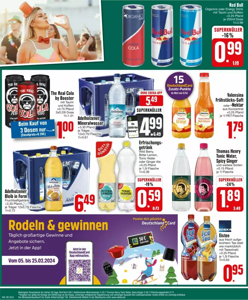 Aktueller Prospekt Edeka - Prospekte - von 05.02 bis 10.02.2024 - strona 24 - produkty: angebot, angebote, bitter lemon, cola, eis, flasche, gin, ginger, ginger ale, Nektar, pet-flasche, reis, saft, tee, thomas henry, Ti, tonic, tonic water, valensina