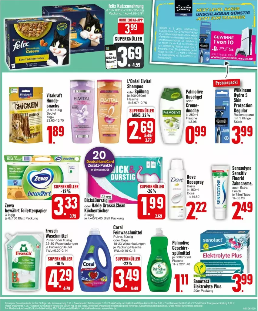 Aktueller Prospekt Edeka - Prospekte - von 05.02 bis 10.02.2024 - strona 25 - produkty: beutel, Cap, Coral, creme, deutschlandcard, dusche, duschgel, Elektro, elvital, feinwaschmittel, flasche, Frosch, hakle, kraft, küche, Küchen, küchentücher, l'oreal, olive, palmolive, papier, sensodyne, shampoo, snack, snacks, spülung, Ti, toilettenpapier, tücher, vita, vitakraft, waschmittel, wilkinson, zahncreme