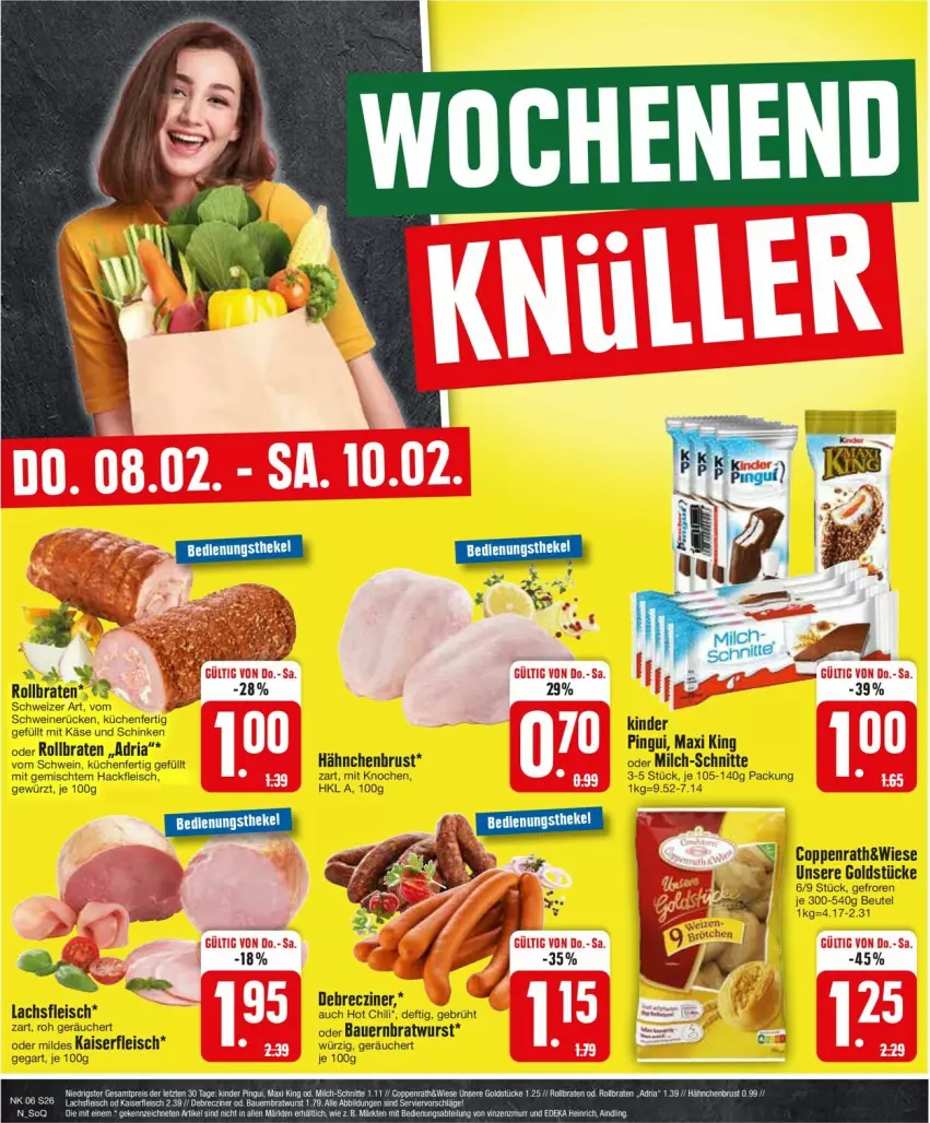 Aktueller Prospekt Edeka - Prospekte - von 05.02 bis 10.02.2024 - strona 26 - produkty: auer, Bau, Bauer, beutel, braten, chili, coppenrath, debrecziner, eis, fleisch, gewürz, Goldstücke, hackfleisch, hähnchenbrust, hot chili, Kaiser, Käse, Kinder, kinder pingui, küche, Küchen, lachs, milch, milch-schnitte, pingui, Ria, rollbraten, schinken, schwein, schweine, schweinerücken, Ti, wein, weine, wurst