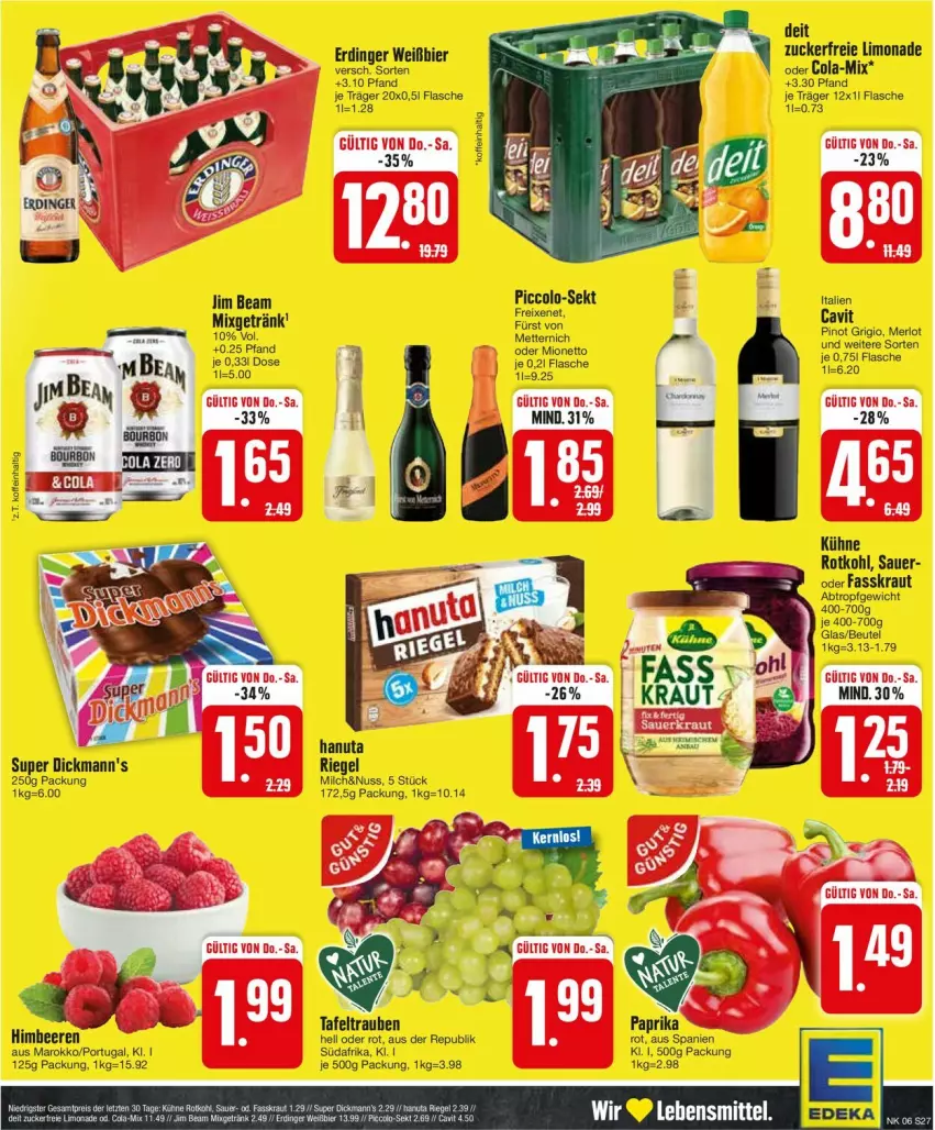 Aktueller Prospekt Edeka - Prospekte - von 05.02 bis 10.02.2024 - strona 27 - produkty: auer, beere, beeren, beutel, bier, cola, deit, Dickmann's, erdinger, flasche, freixenet, hanuta, himbeer, himbeere, himbeeren, Kraut, Kühne, limo, limonade, merl, merlot, milch, nuss, Pinot, pinot grigio, riegel, rotkohl, tafeltrauben, Ti, trauben, zucker