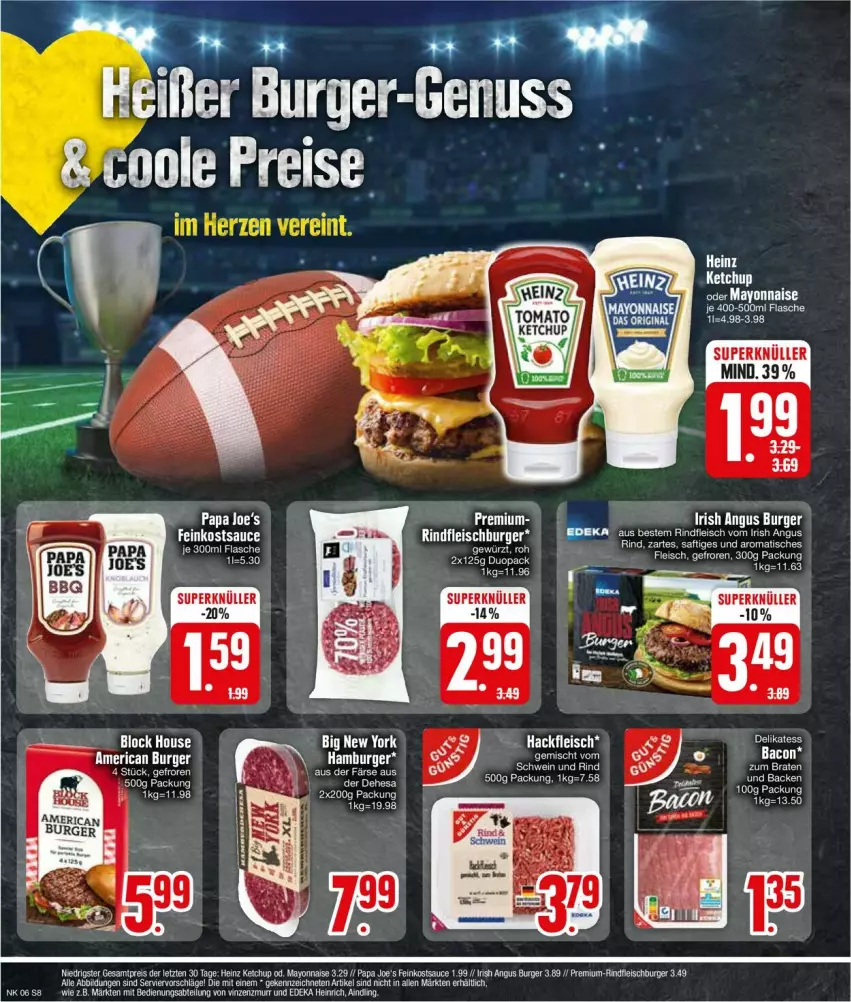 Aktueller Prospekt Edeka - Prospekte - von 05.02 bis 10.02.2024 - strona 8 - produkty: bacon, burger, eier, eis, elle, feinkost, flasche, fleisch, heinz, ketchup, mayonnaise, Papa Joe's, reis, rind, rindfleisch, Rindfleischburger, saft, sauce, schwein, schwein und rind, Ti, tisch, wein, Yo, ZTE