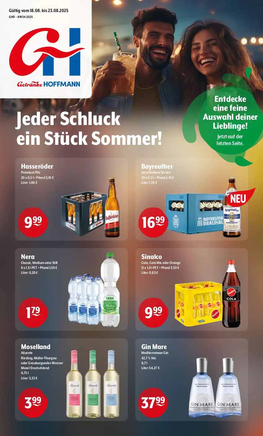 Aktueller Prospekt Getraenke Hoffmann - Prospekte - von 18.08 bis 23.08.2025 - strona 1 - produkty: burgunder, cola, decke, ente, gin, gin mare, grauburgunder, hasseröder, moselland, Müller, Müller-Thurgau, orange, pils, premium pils, riesling, Rivaner, sinalco, Ti, ZTE