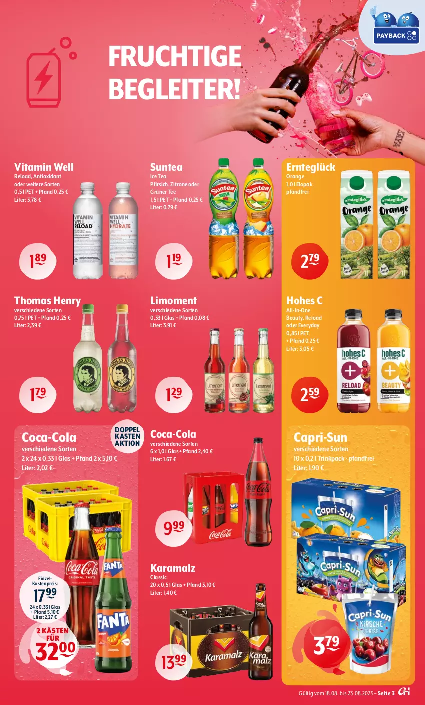 Aktueller Prospekt Getraenke Hoffmann - Prospekte - von 18.08 bis 23.08.2025 - strona 3 - produkty: Cap, capri-sun, coca-cola, cola, eis, frucht, grüner tee, Hohes C, ice tea, karamalz, limo, malz, orange, pfirsich, rama, reis, rel, tee, thomas henry, Ti, vita, zitrone