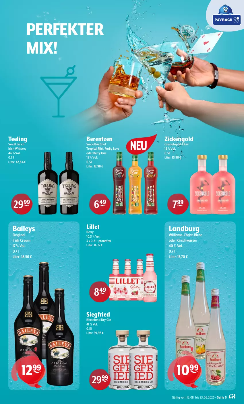Aktueller Prospekt Getraenke Hoffmann - Prospekte - von 18.08 bis 23.08.2025 - strona 5 - produkty: apfel, baileys, berentzen, dry gin, gin, grana, granatapfel, irish cream, irish whiskey, kirsch, likör, lillet, Rana, smoothie, tee, Ti, wasser, whiskey