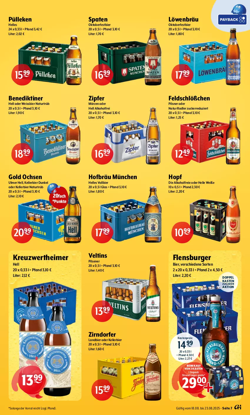 Aktueller Prospekt Getraenke Hoffmann - Prospekte - von 18.08 bis 23.08.2025 - strona 7 - produkty: alkohol, Benediktiner, bier, burger, eimer, eis, elle, flensburger, kellerbier, natur, natur radler, pils, pilsener, pilsner, radler, reis, Spaten, Ti, veltins, veltins pilsener, weissbier, Zipfer, zucker