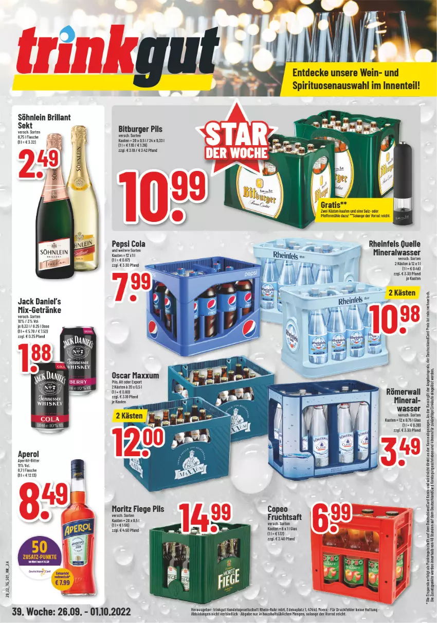 Aktueller Prospekt Trinkgut - von 26.09 bis 01.10.2022 - strona 1 - produkty: Alwa, angebot, angebotspreis, aperitif, aperol, bitburger, bitburger pils, brillant sekt, burger, cola, decke, deka, deutschlandcard, eis, elle, ente, erde, flasche, frucht, fruchtsaft, getränk, getränke, jack daniel, Jack Daniel’s, LG, mineralwasser, pepsi, Pepsi Cola, pfeffer, Pfeffermühle, pils, reis, rheinfels quelle, saft, salz, sekt, söhnlein, söhnlein brillant, spirituosen, Ti, uhr, wasser, wein, whiskey