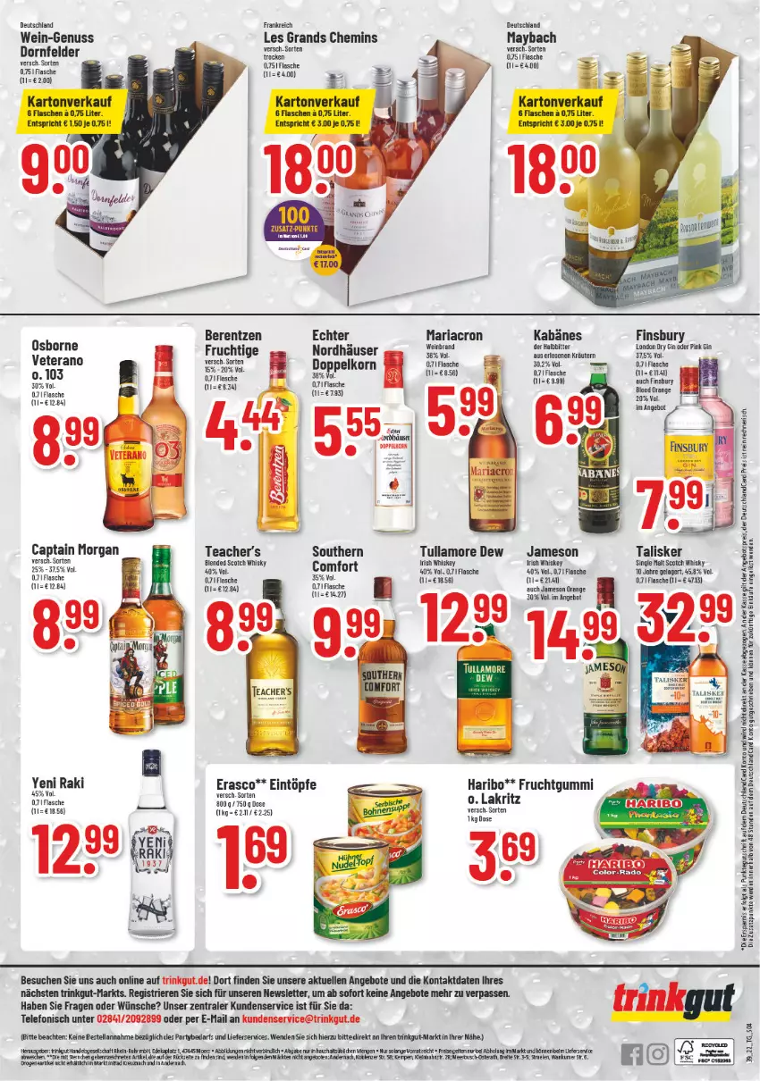 Aktueller Prospekt Trinkgut - von 26.09 bis 01.10.2022 - strona 4 - produkty: angebot, angebote, angebotspreis, berentzen, Cap, captain morgan, deka, deutschlandcard, doppelkorn, dornfelder, dry gin, eintöpfe, eis, elle, erasco, erde, finsbury, flasche, frucht, fruchtgummi, gin, haribo, irish whiskey, jameson, korn, kräuter, kräutern, Lakritz, LG, lieferservice, london dry, london dry gin, mariacron, maybach, nuss, orange, reis, rel, Ria, scotch, scotch whisky, single malt, telefon, Ti, tullamore, tullamore dew, uhr, veterano, wein, whiskey, whisky, yeni raki