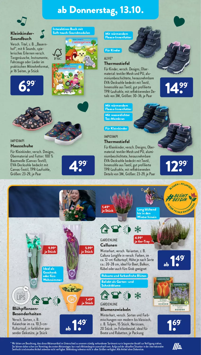 Aktueller Prospekt AldiSud - NÄCHSTE WOCHE - von 10.10 bis 15.10.2022 - strona 17 - produkty: alle artikel ohne dekoration, auer, Bau, Bauer, baumwolle, beutel, blume, blumen, Blüte, buch, decksohle, dekoration, eis, elle, ente, Garten, gin, Hausschuhe, HP, Kalanchoe, Kinder, kleid, Kleidung, kulturtopf, longlife, Mode, Narzissen, pflanze, pflanzen, Ria, rum, schuhe, Soundbuch, Spiele, Ti, Tiere, tisch, topf, Tüte, wasser, wolle, ZTE, zwiebel, zwiebeln