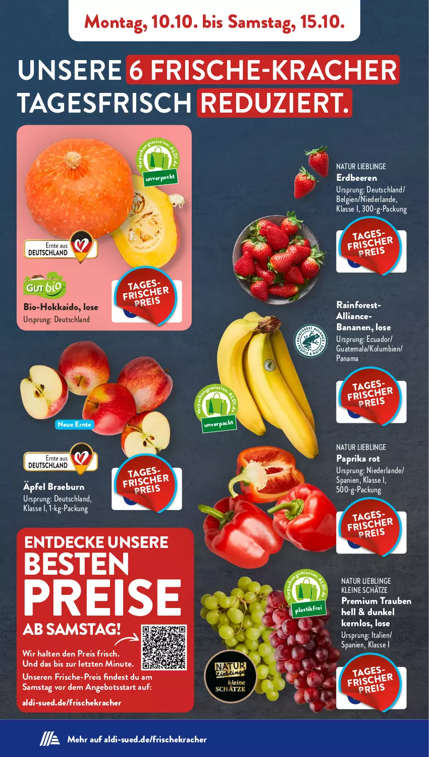 Aktueller Prospekt AldiSud - NÄCHSTE WOCHE - von 10.10 bis 15.10.2022 - strona 2 - produkty: aldi, angebot, asti, banane, bananen, beere, beeren, bio, decke, eis, erdbeere, erdbeeren, kracher, leine, LG, natur, paprika, paprika rot, reis, Ti, trauben, ZTE