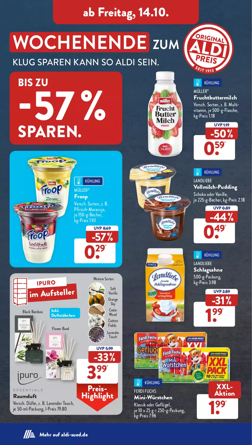 Aktueller Prospekt AldiSud - NÄCHSTE WOCHE - von 10.10 bis 15.10.2022 - strona 28 - produkty: aldi, bamboo, Becher, butter, buttermilch, eis, elle, ferdi fuchs, flasche, froop, frucht, Geflügel, Ipuro, lack, landliebe, maracuja, milch, Mini-Würstchen, Müller, orange, pfirsich, pudding, Raumduft, reis, sahne, schlagsahne, schoko, teller, Ti, vanille, vita, vollmilch, würstchen