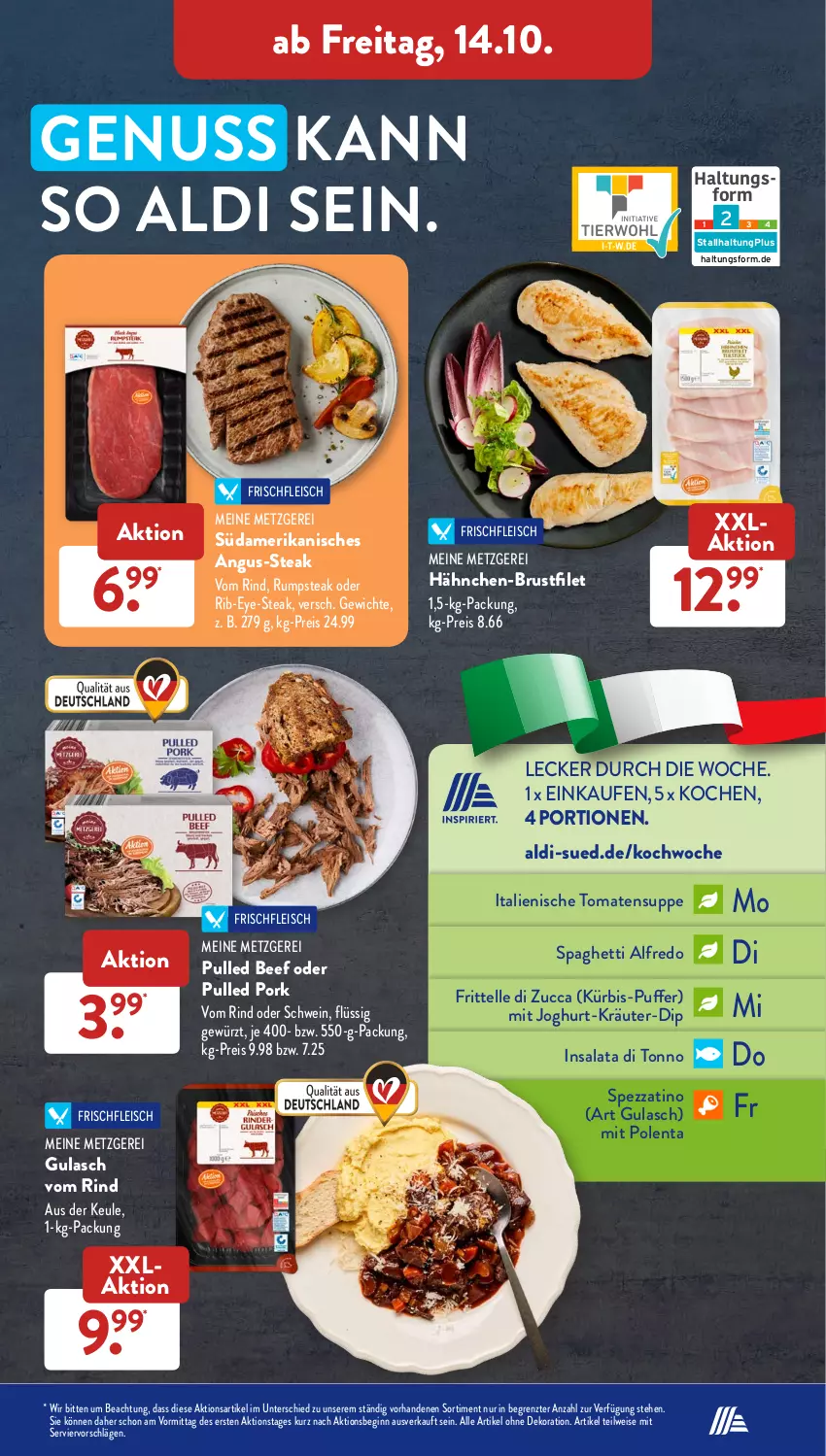 Aktueller Prospekt AldiSud - NÄCHSTE WOCHE - von 10.10 bis 15.10.2022 - strona 31 - produkty: aldi, alle artikel ohne dekoration, beef, brustfilet, dekoration, dip, eis, elle, filet, fleisch, gewürz, gin, gulasch, hähnchen-brustfilet, joghur, joghurt, kräuter, Kürbis, nuss, Pulled Pork, reis, rind, rum, rumpsteak, salat, schwein, spaghetti, steak, suppe, Ti, tomate, tomaten, Tomatensuppe, wein, ZTE