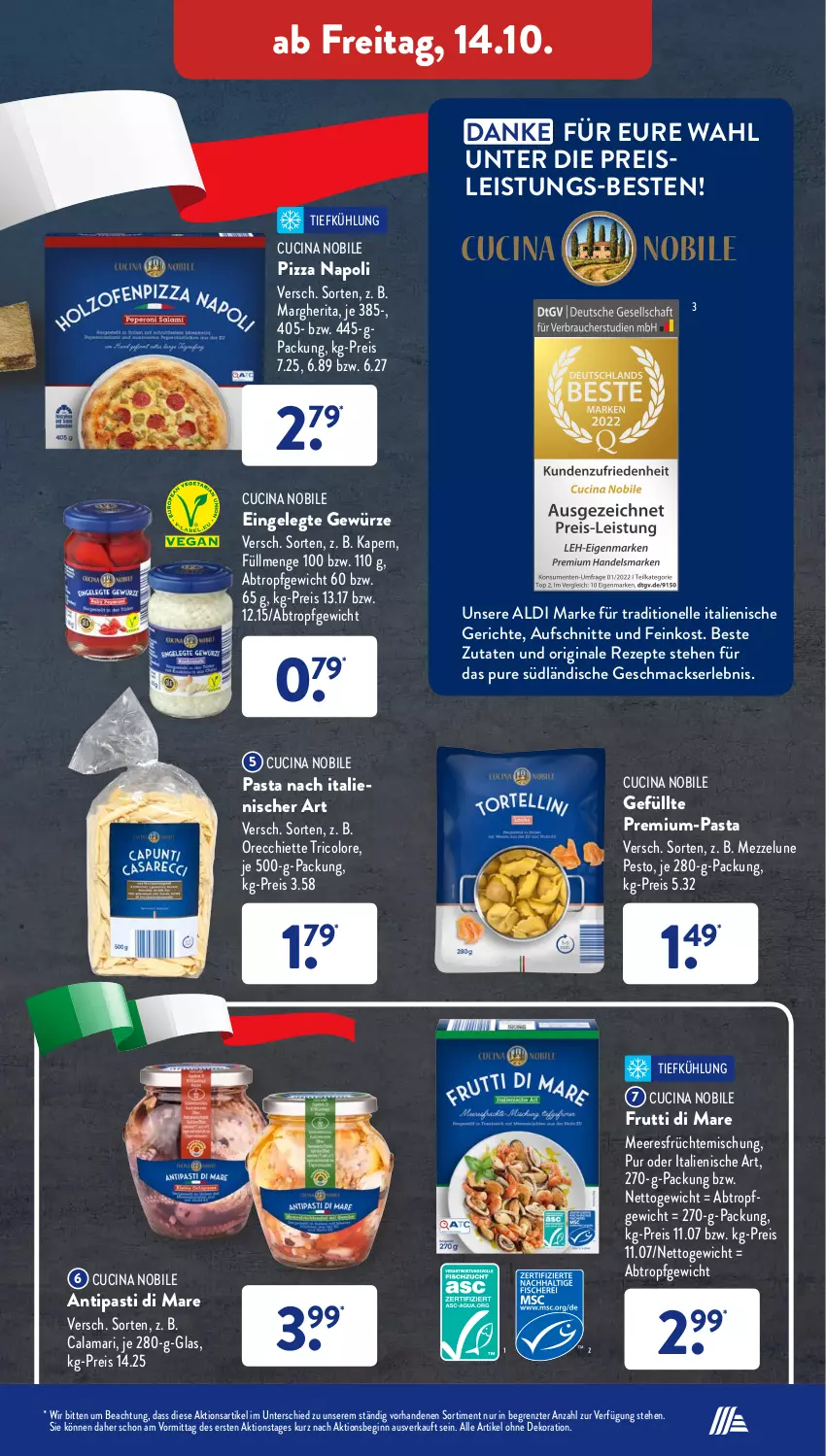 Aktueller Prospekt AldiSud - NÄCHSTE WOCHE - von 10.10 bis 15.10.2022 - strona 33 - produkty: aldi, alle artikel ohne dekoration, antipasti, asti, aufschnitt, Calamari, cin, dekoration, eis, elle, feinkost, früchte, frutti di mare, gewürz, gin, mac, margherita, meeresfrüchte, pasta, pesto, pizza, reis, rezept, rezepte, Ti, tricolore, ZTE