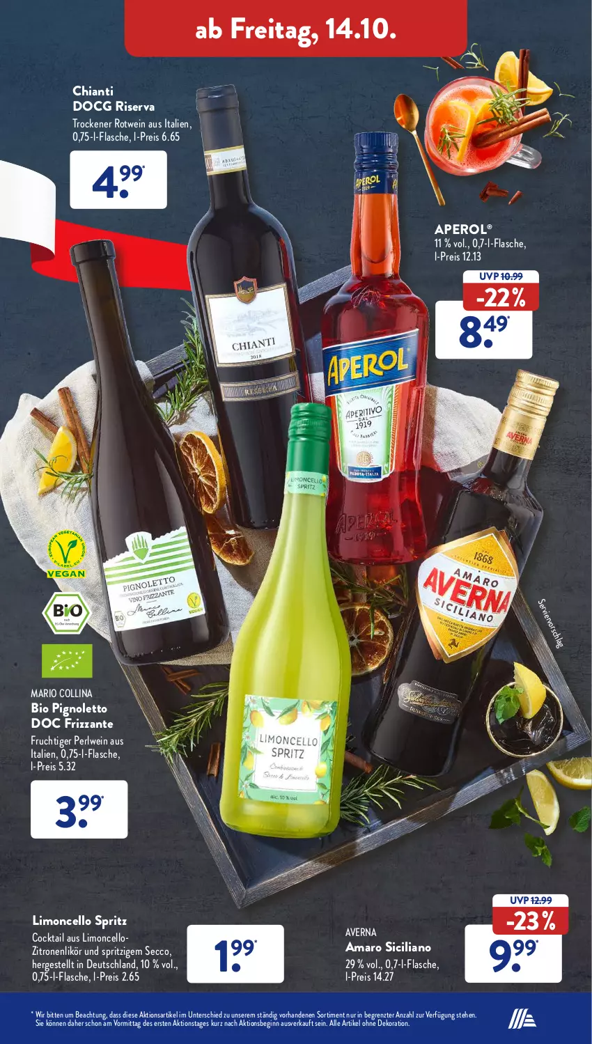 Aktueller Prospekt AldiSud - NÄCHSTE WOCHE - von 10.10 bis 15.10.2022 - strona 35 - produkty: alle artikel ohne dekoration, amaro, aperol, averna, bio, chia, chianti, cocktail, dekoration, ecco, eis, flasche, frizzante, frucht, gin, likör, limo, reis, riserva, rotwein, Ti, wein, zitrone, zitronen, ZTE