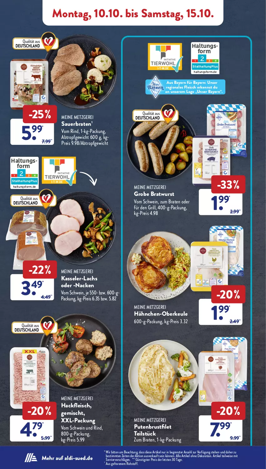 Aktueller Prospekt AldiSud - NÄCHSTE WOCHE - von 10.10 bis 15.10.2022 - strona 4 - produkty: aldi, alle artikel ohne dekoration, auer, braten, bratwurst, brustfilet, dekoration, eis, filet, fleisch, grill, grobe bratwurst, hackfleisch, kasseler, lachs, pute, putenbrust, putenbrustfilet, reis, rind, schwein, schwein und rind, Ti, vom schwein und rind, wein, wurst, xxl-packung, ZTE