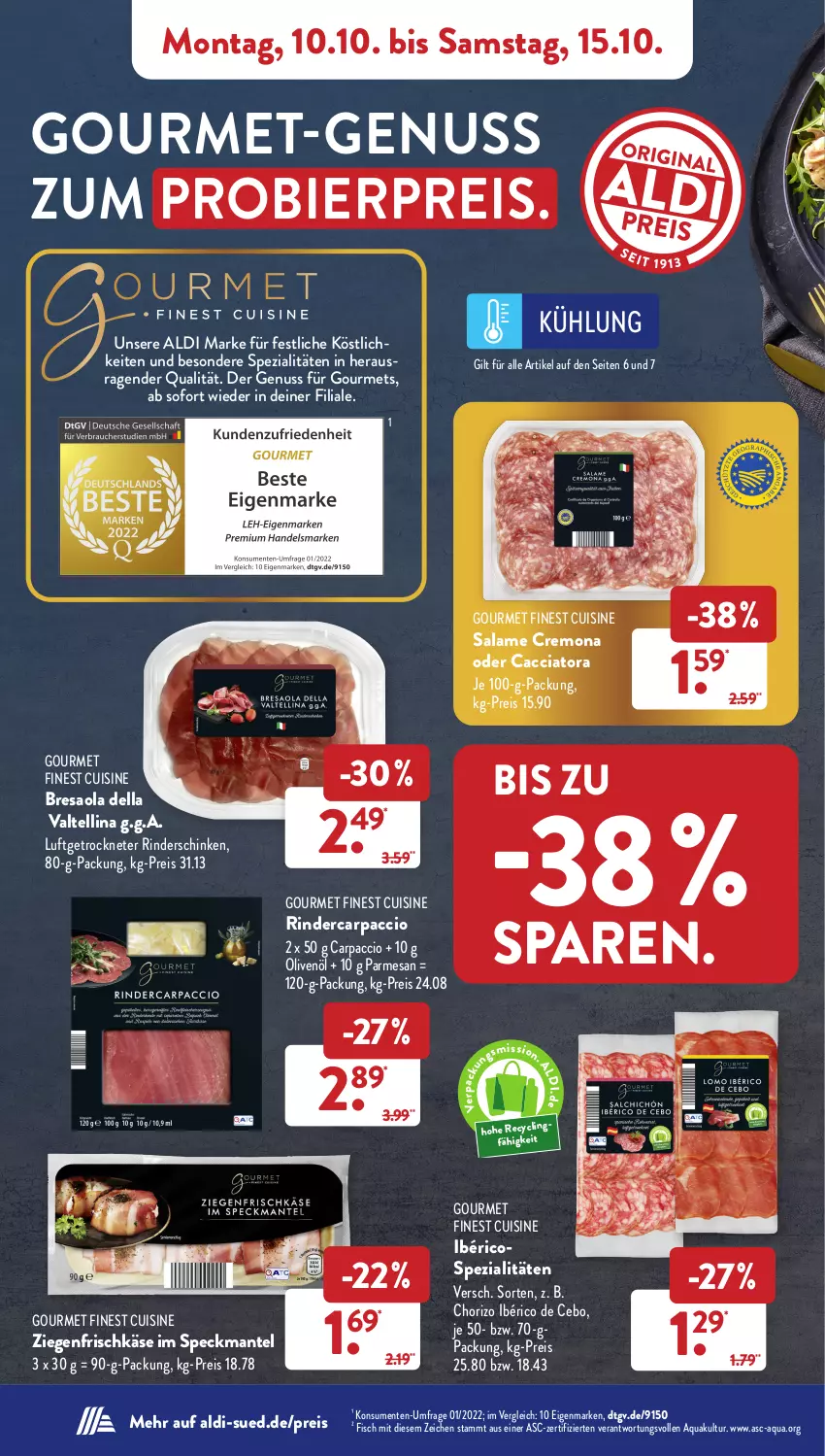 Aktueller Prospekt AldiSud - NÄCHSTE WOCHE - von 10.10 bis 15.10.2022 - strona 6 - produkty: ACC, aldi, aqua, bier, Bresaola, Carpaccio, chorizo, dell, eis, ente, fisch, frischkäse, Käse, Mantel, nuss, olive, oliven, olivenöl, reis, resa, rind, rinder, schinken, Speck, Spezi, Ti, ziegenfrischkäse