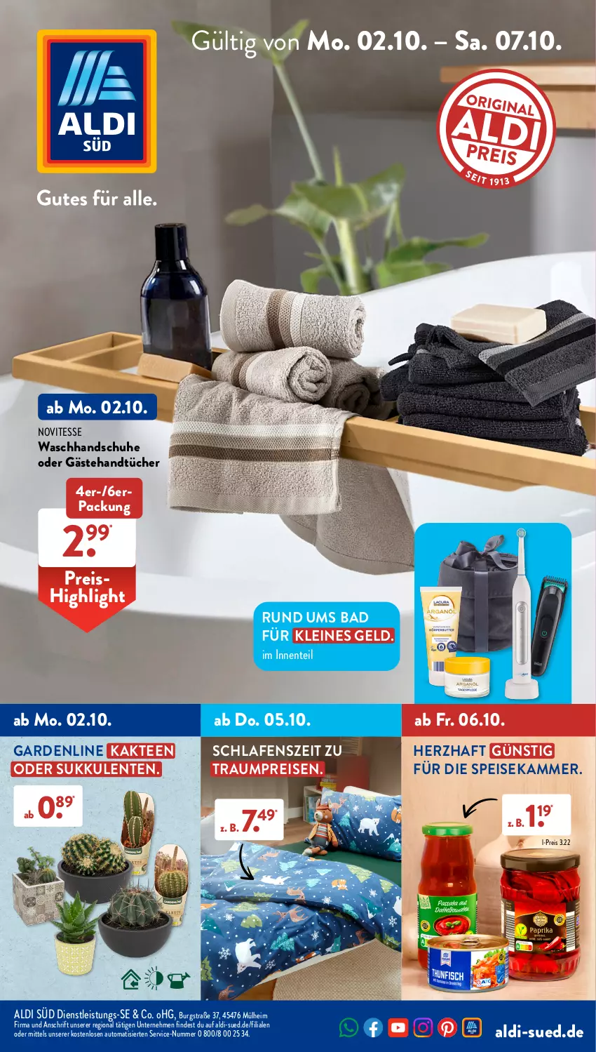 Aktueller Prospekt AldiSud - IN ZWEI WOCHEN - von 02.10 bis 07.10.2023 - strona 1 - produkty: aldi, auto, Bad, eis, ente, handschuhe, handtücher, Kaktee, leine, reis, schuhe, Sukkulente, tee, Ti, tücher, waschhandschuh