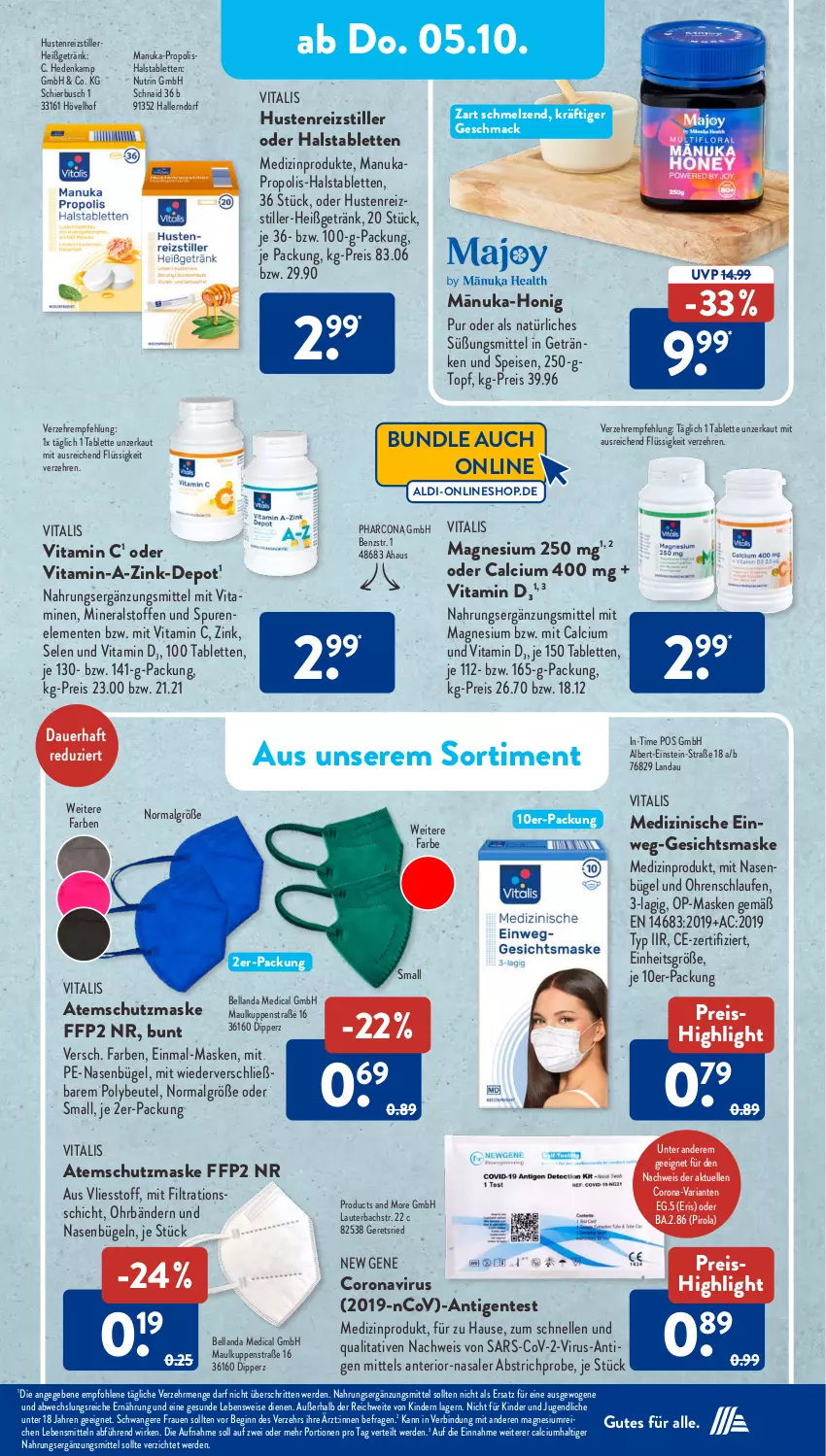 Aktueller Prospekt AldiSud - IN ZWEI WOCHEN - von 02.10 bis 07.10.2023 - strona 17 - produkty: aldi, Atemschutzmaske, auer, beutel, bügel, Calcium, corona, dip, eis, elle, ente, erde, FFP2, Gesichtsmaske, getränk, getränke, gin, honig, HP, Kinder, Laufen, lebensmittel, LG, mac, magnesium, Maske, medizinprodukt, nuk, Propolis, reis, Ria, tablet, tablett, Tablette, Ti, topf, vita, vitalis, Vitamin C, Vitamin D, Vitamine