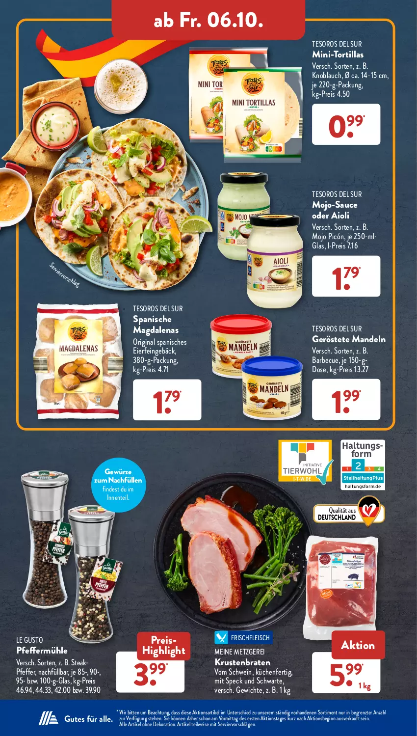 Aktueller Prospekt AldiSud - IN ZWEI WOCHEN - von 02.10 bis 07.10.2023 - strona 22 - produkty: aioli, alle artikel ohne dekoration, barbecue, braten, dekoration, eier, eis, ente, fleisch, gewürz, gin, knoblauch, krustenbraten, küche, Küchen, LG, mandel, mandeln, pfeffer, Pfeffermühle, reis, sauce, schwein, Speck, steak, Ti, tortilla, tortillas, wein, ZTE