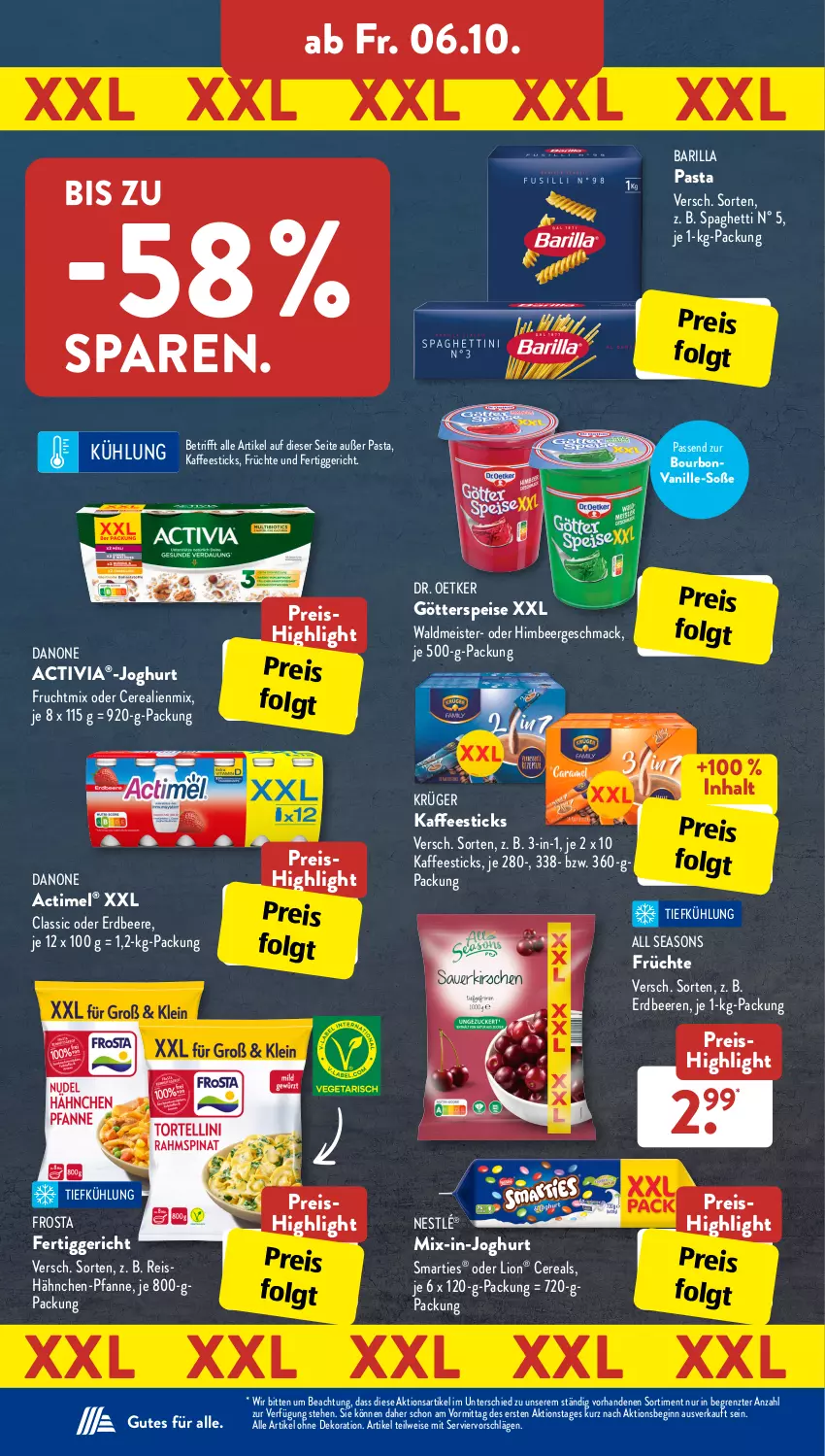 Aktueller Prospekt AldiSud - IN ZWEI WOCHEN - von 02.10 bis 07.10.2023 - strona 24 - produkty: actimel, activia, alle artikel ohne dekoration, barilla, beere, beeren, bourbon, bourbonvanille, cerealien, cereals, danone, danone activia, dekoration, Dr. Oetker, eis, erdbeere, erdbeeren, fertiggericht, frosta, frucht, früchte, gin, götterspeise, himbeer, joghur, joghurt, kaffee, krüger, LG, lion, mac, Meister, nestlé, pasta, pfanne, reis, smarties, Soße, spaghetti, Ti, vanille, waldmeister, ZTE