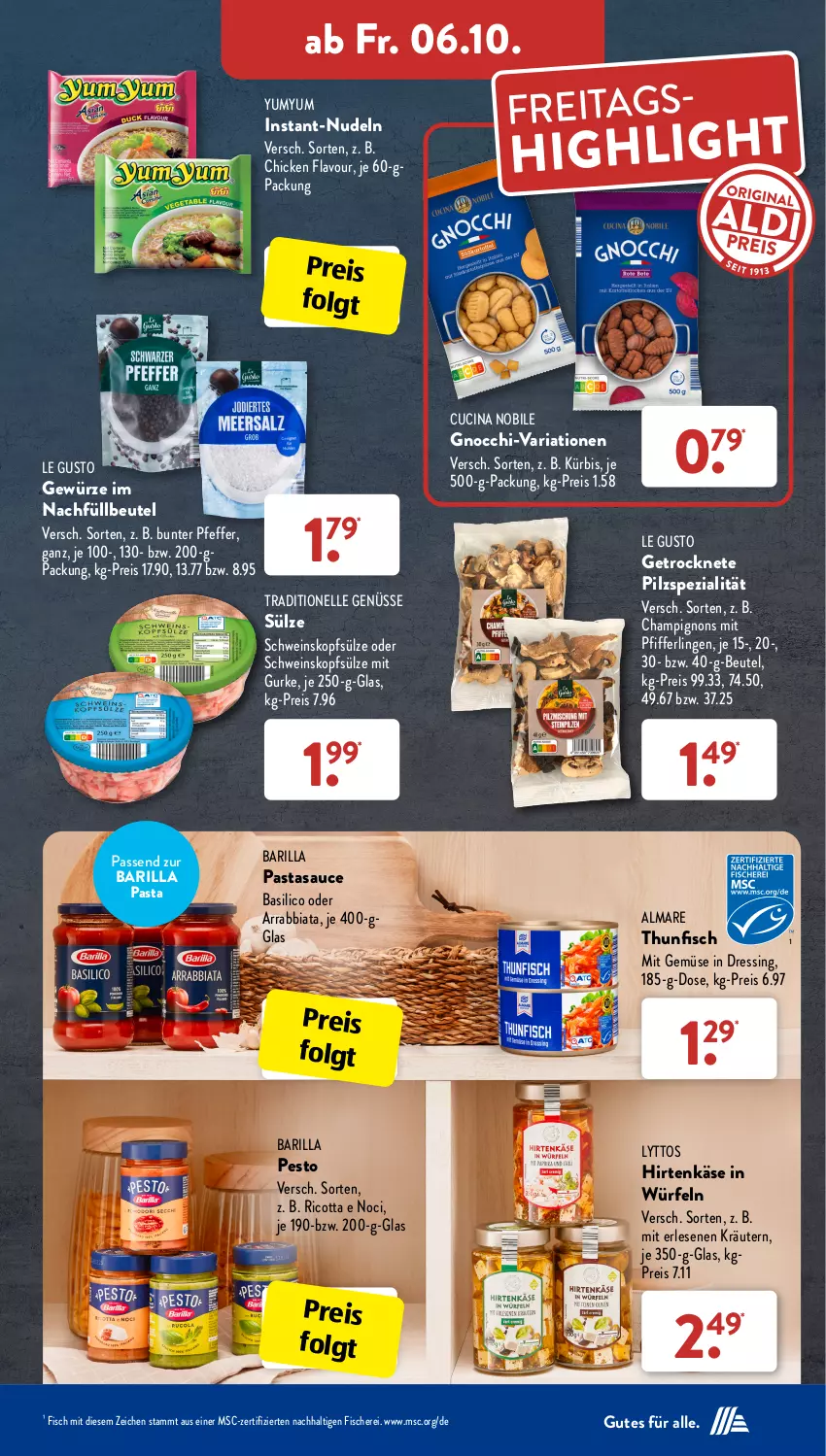 Aktueller Prospekt AldiSud - IN ZWEI WOCHEN - von 02.10 bis 07.10.2023 - strona 27 - produkty: almare, arrabbiata, barilla, basilico, beutel, champignon, champignons, cin, dressing, eis, elle, fisch, fische, Fischer, gewürz, gnocchi, gurke, hirtenkäse, Instant-Nudeln, Käse, kräuter, kräutern, Kürbis, LG, mit gemüse, nudel, nudeln, pasta, pesto, pfeffer, Pfifferlinge, reis, Ria, ricotta, sauce, Schere, schwein, Spezi, thunfisch, Ti, wein, würfel