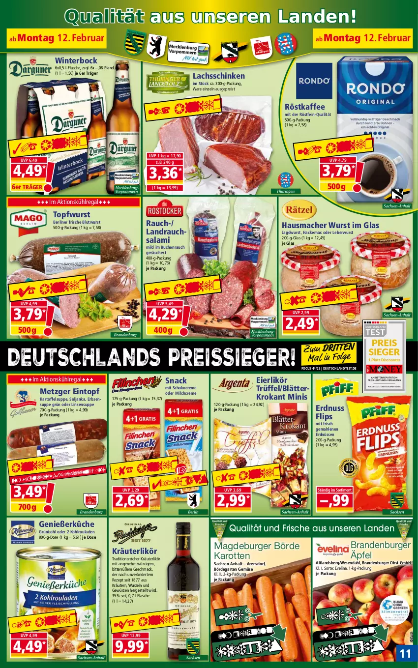 Aktueller Prospekt Norma - Norma - von 12.02 bis 19.02.2024 - strona 11 - produkty: berliner, Brandenburger äpfel, buch, burger, creme, eier, eierlikör, eintopf, eis, erbsen, erdnuss, erdnüsse, erdnüssen, flasche, Garten, gewürz, Hausmacher, jagdwurst, kaffee, karotten, kartoffel, Kartoffelsuppe, Kohlrouladen, kräuter, kräuterlikör, kräutern, küche, kühlregal, lachs, lachsschinken, leberwurst, LG, likör, linsen, mac, milch, nuss, obst, Rauch, regal, reis, reiss, rezept, röstkaffee, rouladen, sac, salami, schinken, schoko, snack, suppe, Ti, tiefpreis, topf, Trüffel, wurst