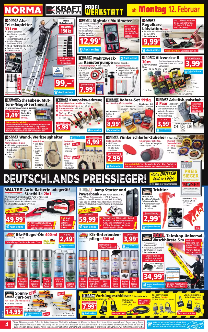 Aktueller Prospekt Norma - Norma - von 12.02 bis 19.02.2024 - strona 4 - produkty: adapter, Alwa, apfel, aufbewahrungsbox, auto, Bank, batterie, batterien, Bebe, Bohrer-Set, bürste, bürsten, citrus, Diesel, Draht, eis, Elektro, elle, fenster, gabel, gin, handschuhe, Holz, kraft, ladegerät, led-licht, LG, messer, ndk, papier, powerbank, Rauch, reiniger, Reinigung, reis, reiss, Ria, rwe, Schal, Scheibenreiniger, schlauch, schläuche, Schleifpapier, schrauben, Schraubendreher, schuhe, Spezi, stifte, Teleskop, teller, teppich, Ti, tisch, topf, usb, vanille, wasser, Wasserschlauch, weck, werkzeug, Werkzeughalter, Winkelschleifer