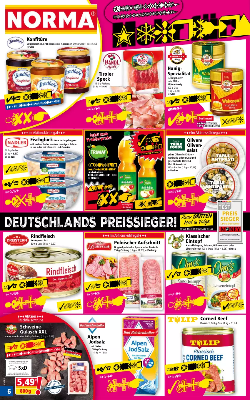 Aktueller Prospekt Norma - Norma - von 12.02 bis 19.02.2024 - strona 6 - produkty: apfel, Apfel-Nektar, apfelsaft, aprikose, aprikosen, auer, aufschnitt, Becher, beef, beere, beeren, Beskada, bier, Blüte, braten, corned beef, eintopf, eis, erbsen, erdbeere, erdbeeren, fisch, flasche, fleisch, gin, grüne oliven, gulasch, hering, Herings, Heringshappen, honig, hühner, kartoffel, Kartoffelsuppe, Käse, kirsch, kirsche, kirschen, konfitüre, kräuter, kühlregal, lachs, LG, linsen, marinade, natur, Nektar, nudel, olive, oliven, regal, reis, reiss, rind, rindfleisch, Rindfleisch im eigenen saft, ring, saft, sahne, salat, salz, sauce, sauerkirschen, schwein, schweine, schweinegulasch, Speck, Spezi, suppe, Ti, topf, und gemüse, weichkäse, wein, weine, Wild, würfel, ZTE