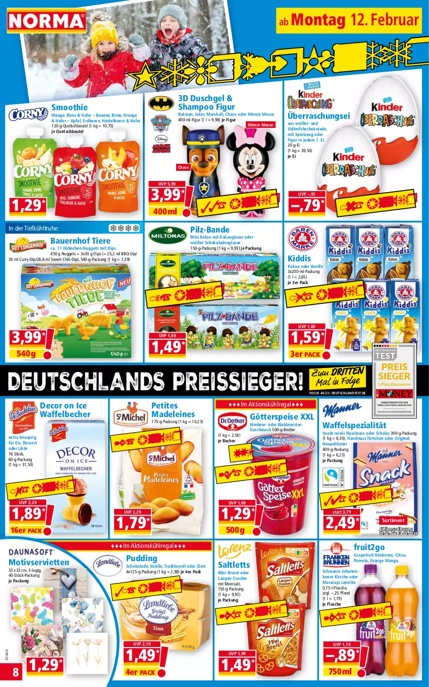 Aktueller Prospekt Norma - Norma - von 12.02 bis 19.02.2024 - strona 8 - produkty: apfel, auer, banane, Bau, Bauer, Becher, beere, beutel, brezel, chili, citrus, cracker, curry, decor, dessert, dip, duschgel, eis, erdbeere, flasche, gin, götterspeise, grapefruit, hafer, haselnuss, heidelbeere, himbeer, himbeere, johannisbeere, kakao, keks, kekse, kirsch, kirsche, kühlregal, leine, LG, likör, limette, mac, mango, maracuja, mars, meersalz, Meister, Mett, milch, nuggets, nuss, orange, Pomelo, pudding, quetschbeutel, regal, reis, reiss, saltletts, salz, schoko, schokolade, schokoladen, Serviette, servietten, shampoo, smoothie, snack, Spezi, spielzeug, Ti, Tiere, Törtchen, vanille, vollmilch, waldmeister