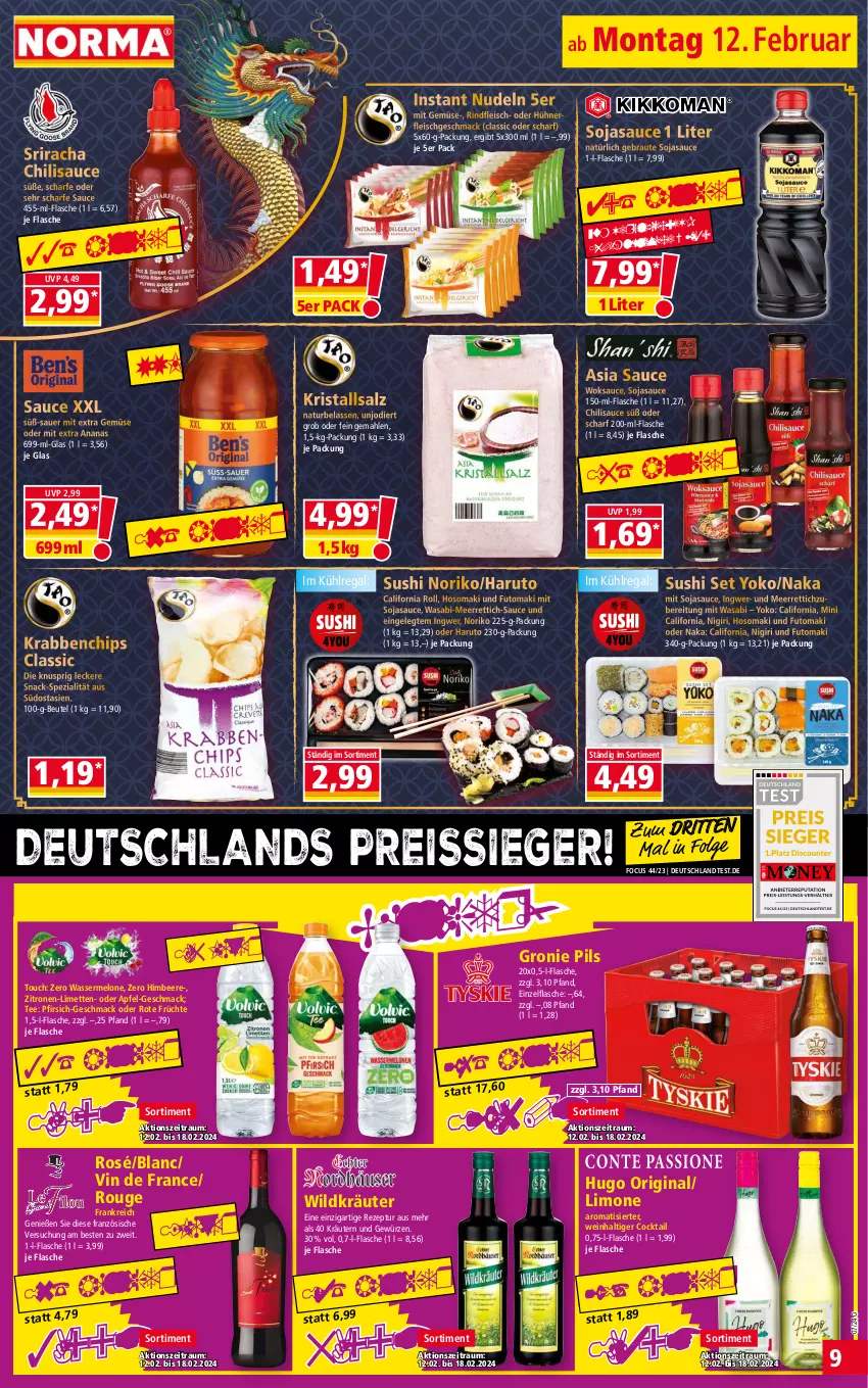 Aktueller Prospekt Norma - Norma - von 12.02 bis 19.02.2024 - strona 9 - produkty: ananas, apfel, auer, beere, beutel, chili, chips, cocktail, eis, flasche, fleisch, früchte, gewürz, gin, himbeer, himbeere, hugo, hühner, ingwer, kräuter, kräutern, Kristallsalz, kühlregal, LG, limette, limetten, limo, mac, meerrettich, melone, Mett, metten, mit gemüse, natur, nerf, nudel, nudeln, pfirsich, pils, regal, reis, reiss, Rettich, rezept, rind, rindfleisch, rouge, salz, sauce, snack, soja, sojasauce, Spezi, Sriracha, Sushi, tee, Ti, vin de france, wasa, wasser, wassermelone, wein, Wild, wok, Yo, zitrone, zitronen