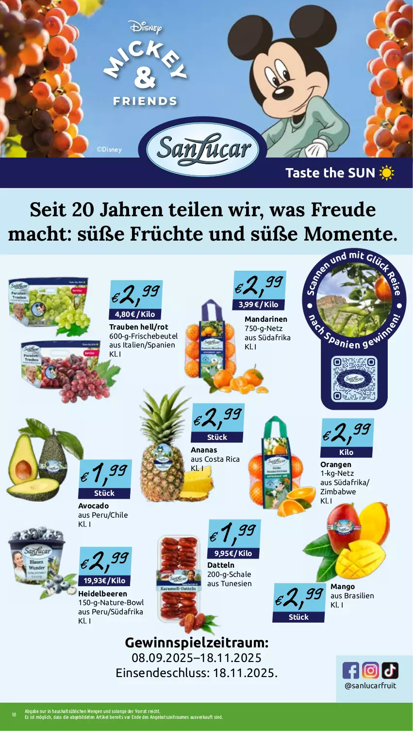 Aktueller Prospekt Wasgau - von 29.09 bis 04.10.2025 - strona 10 - produkty: ananas, angebot, avocado, beere, beeren, beutel, Datteln, disney, ente, früchte, gewinnspiel, heidelbeere, heidelbeeren, mac, mandarine, mandarinen, mango, natur, orange, orangen, Schal, Schale, Ti, trauben