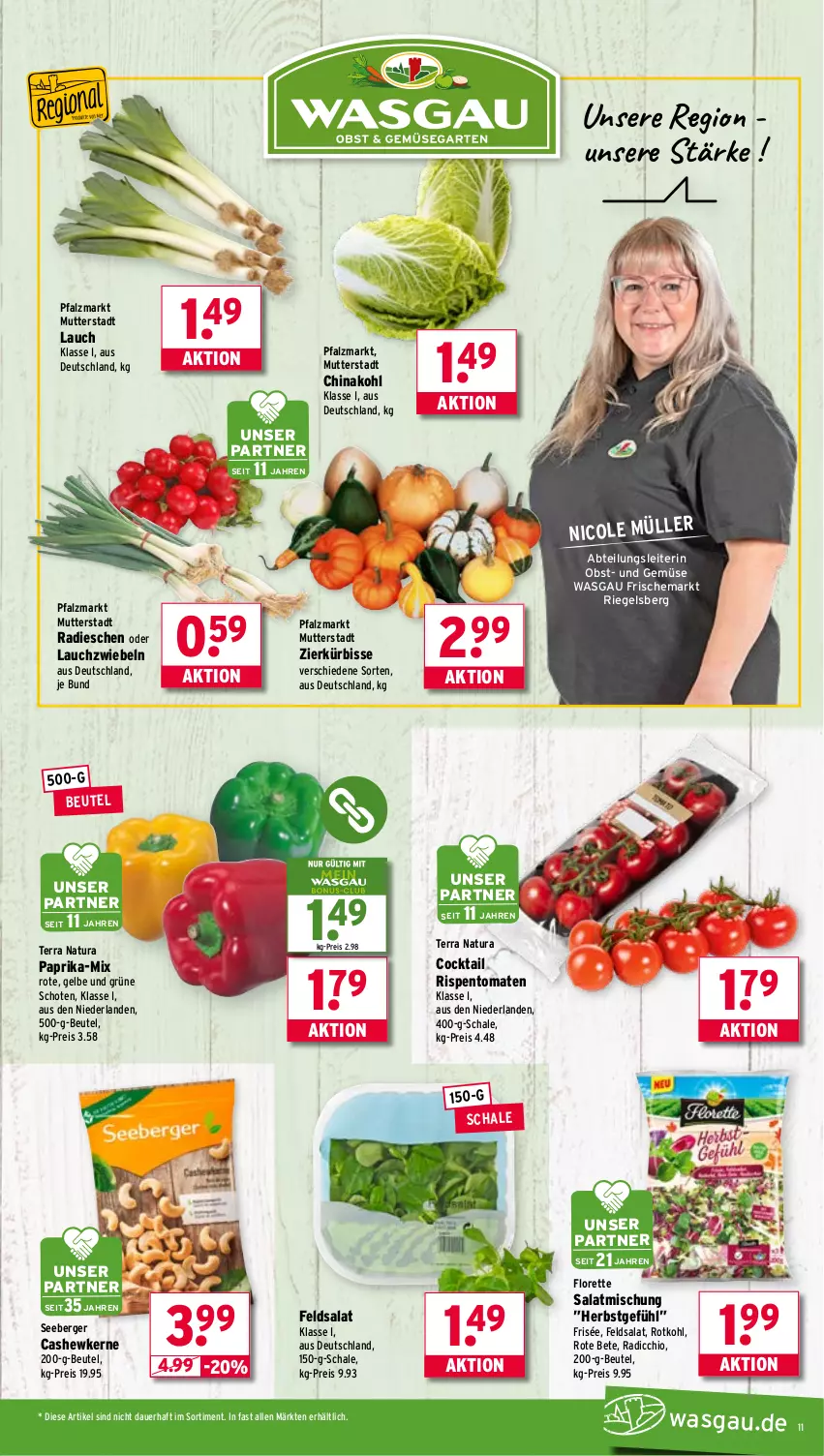 Aktueller Prospekt Wasgau - von 29.09 bis 04.10.2025 - strona 11 - produkty: Abtei, auer, Berger, beutel, Cashew, cashewkerne, cocktail, eis, feldsalat, florette, Kürbis, Lauchzwiebel, lauchzwiebeln, natur, natura, obst, paprika, Radicchio, radieschen, reis, riegel, rispentomaten, rote bete, rotkohl, salat, Schal, Schale, seeberger, Ti, tomate, tomaten, und gemüse, zwiebel, zwiebeln