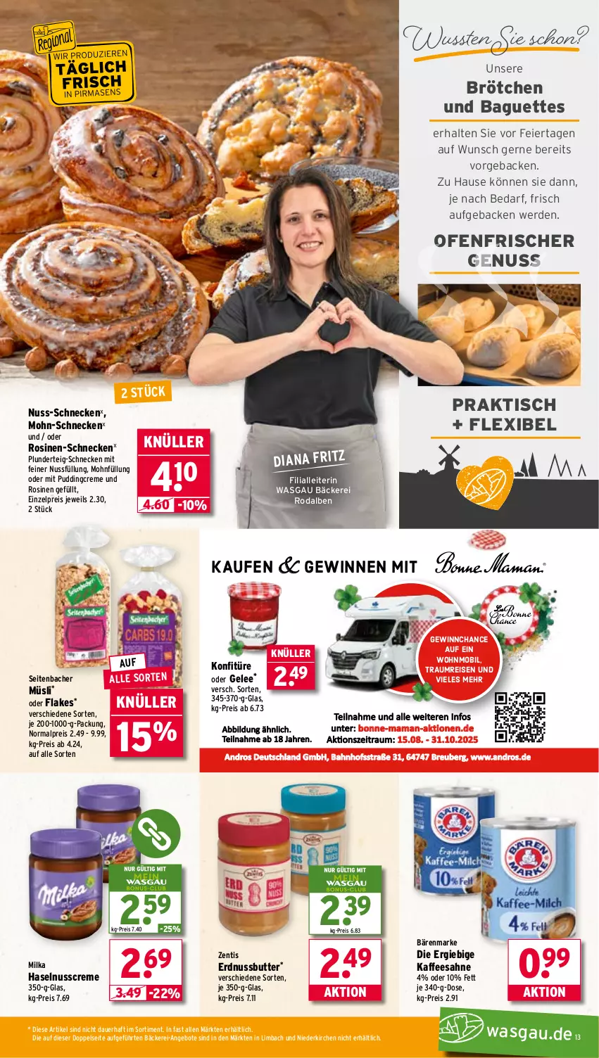 Aktueller Prospekt Wasgau - von 29.09 bis 04.10.2025 - strona 13 - produkty: angebot, angebote, auer, baguette, baguettes, bärenmarke, brötchen, butter, creme, eier, eis, erde, erdnuss, Erdnussbutter, flakes, fritz, geback, gelee, haselnuss, Haselnusscreme, kaffee, konfitüre, mam, milka, müsli, nuss, Ofen, Plunder, pudding, reis, sahne, Ti, tisch, zentis