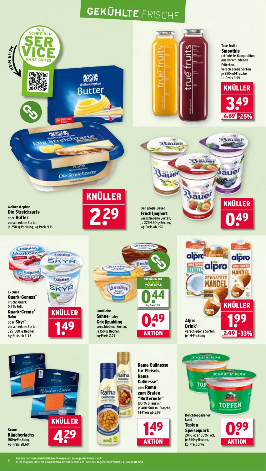Aktueller Prospekt Wasgau - von 29.09 bis 04.10.2025 - strona 14 - produkty: alpro, angebot, auer, Bau, Bauer, Becher, braten, butter, creme, culinesse, drink, eis, exquisa, flasche, fleisch, frucht, früchte, früchten, fruchtjoghurt, Grießpudding, je 250-g-packung, joghur, joghurt, krone, lachs, landliebe, natur, nuss, pudding, quark, rama, Rama Culinesse, Räucherlachs, reis, sahne, Skyr, smoothie, speisequark, Streichzart, Ti, topf, Topfen, true fruits, weihenstephan