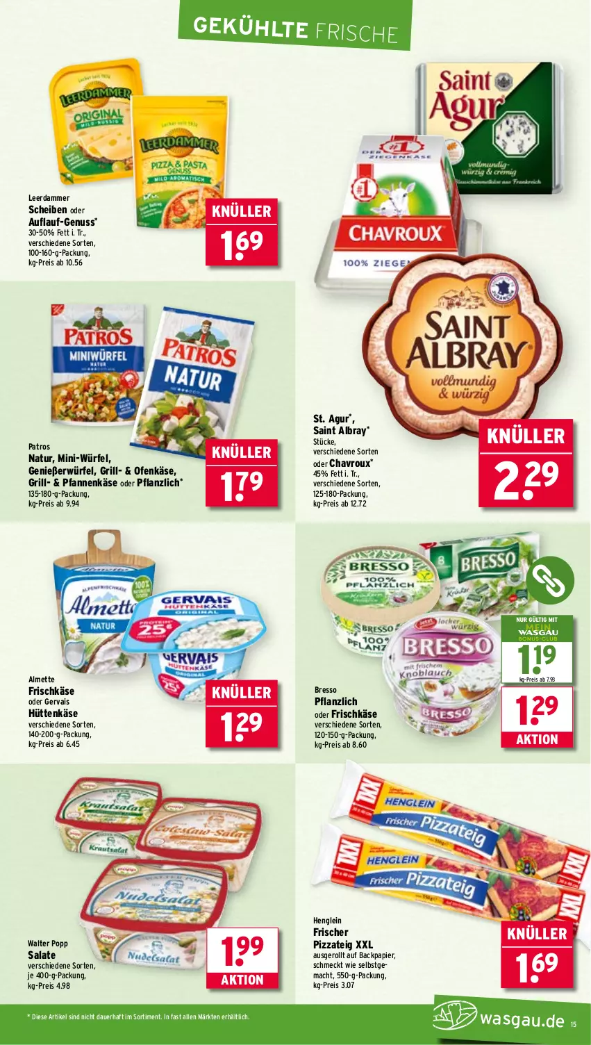 Aktueller Prospekt Wasgau - von 29.09 bis 04.10.2025 - strona 15 - produkty: albray, almette, auer, bresso, chavroux, eis, frischkäse, gervais, grill, henglein, Käse, leerdammer, mac, Mett, natur, nuss, Ofen, Ofenkäse, papier, patros, pfanne, pfannen, pfannenkäse, pizza, Pizzateig, Popp, reis, saint albray, salat, salate, Ti, würfel