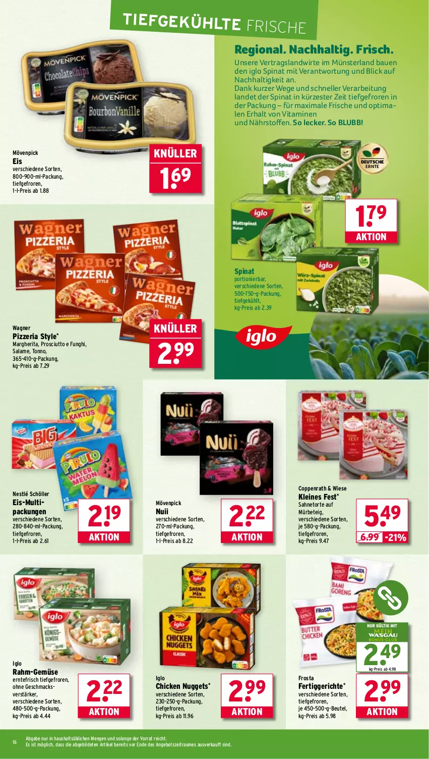Aktueller Prospekt Wasgau - von 29.09 bis 04.10.2025 - strona 16 - produkty: angebot, Bau, beutel, chicken nuggets, coppenrath, eis, elle, fertiggericht, fertiggerichte, frosta, iglo, leine, mac, margherita, mövenpick, mövenpick eis, nestlé, nestlé schöller, nuggets, nuii, prosciutto, rahm-gemüse, reis, Ria, sahne, Schöller, spinat, Ti, torte, vita, Vitamine, wagner
