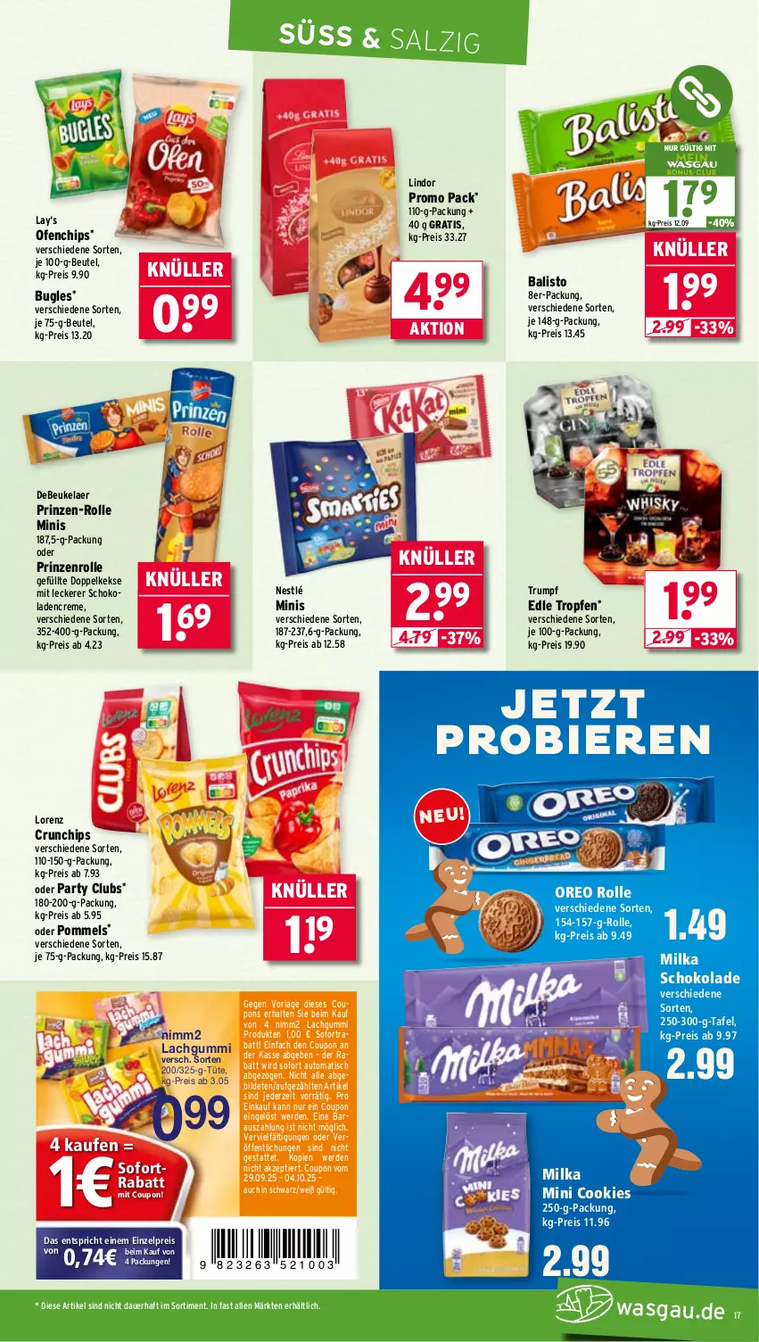 Aktueller Prospekt Wasgau - von 29.09 bis 04.10.2025 - strona 17 - produkty: auer, auto, balisto, beutel, bier, Biere, bugles, chips, cookie, cookies, coupon, coupons, creme, crunchips, debeukelaer, Doppelkekse, eis, erde, keks, kekse, lachgummi, lindor, lorenz, lorenz crunchips, milka, milka schokolade, nestlé, nimm2, Ofen, oreo, Pommels, prinzenrolle, reis, rum, salz, schoko, schokolade, schokoladen, sofortrabatt, Ti, tisch, Tüte