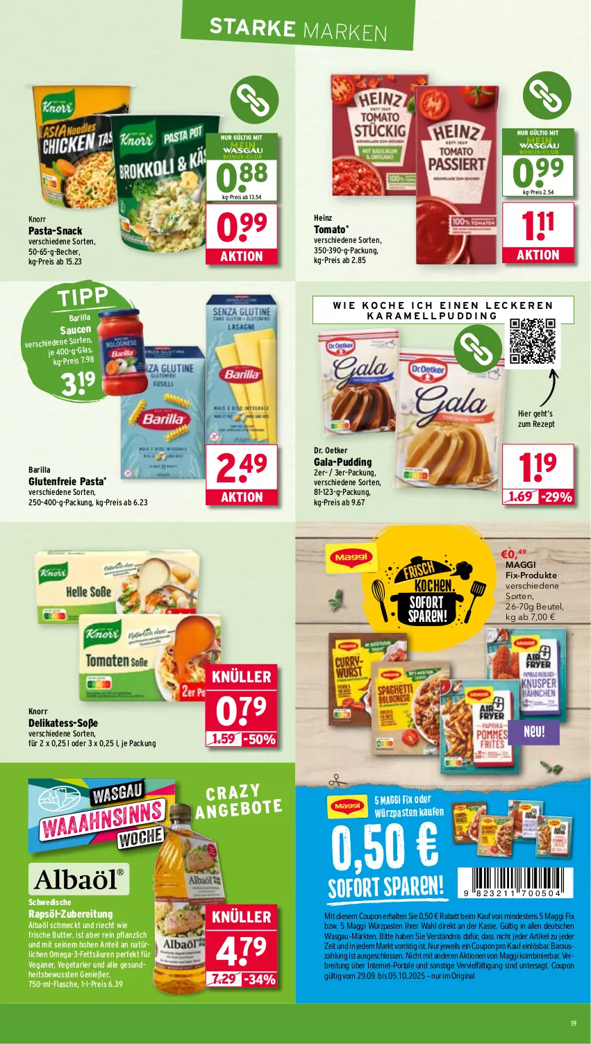 Aktueller Prospekt Wasgau - von 29.09 bis 04.10.2025 - strona 19 - produkty: barilla, Becher, beutel, Brei, butter, coupon, Dr. Oetker, eis, flasche, Gesundheit, gin, heinz, karamell, knorr, knorr pasta, maggi, maggi fix, omega, Omega-3, pasta, pudding, rapsöl, reis, rezept, sauce, saucen, snack, Soße, Ti, Vegeta