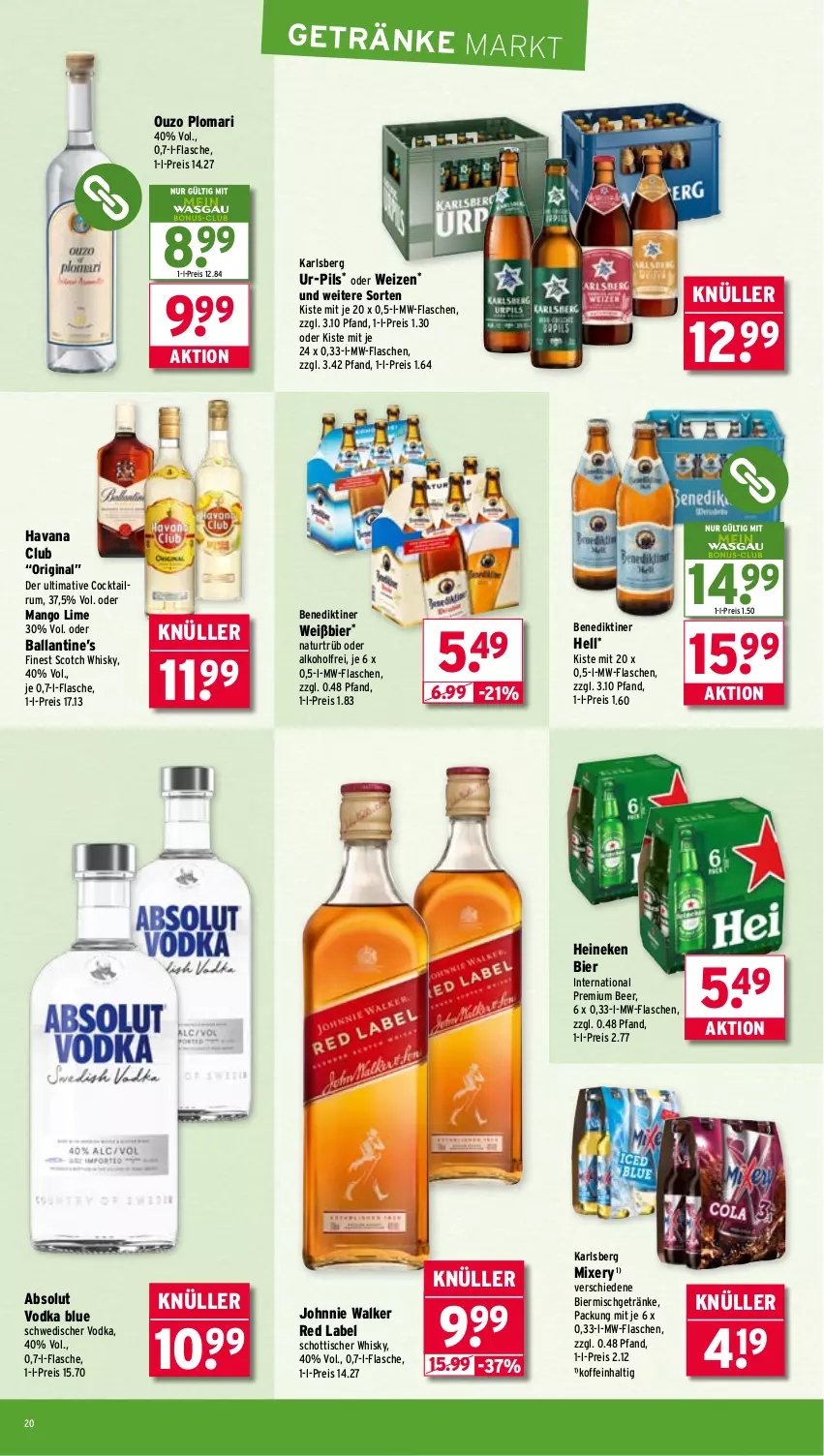 Aktueller Prospekt Wasgau - von 29.09 bis 04.10.2025 - strona 20 - produkty: Absolut Vodka, alkohol, ball, Benediktiner, bier, cocktail, eis, flasche, getränk, getränke, gin, Havana Club, heineken, johnnie walker, karlsberg, mango, Mixer, mixery, mw-flasche, natur, ouzo, pils, reis, rum, schott, scotch, scotch whisky, Ti, tisch, vodka, whisky