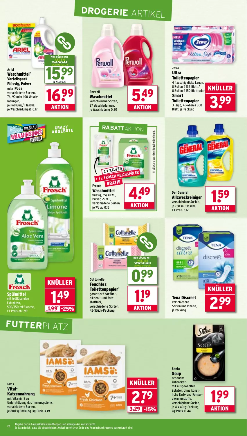 Aktueller Prospekt Wasgau - von 29.09 bis 04.10.2025 - strona 26 - produkty: alkohol, allzweckreiniger, angebot, ariel, cottonelle, Discreet, eis, elle, feuchtes toilettenpapier, flasche, Frosch, katzennahrung, papier, perwoll, Pods, regal, reiniger, reis, sheba, spülmittel, Ti, toilettenpapier, vita, waschmittel, weck, zewa